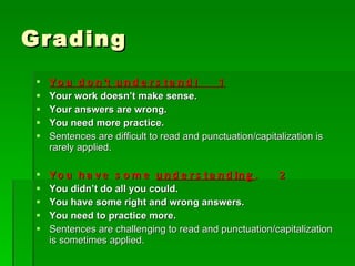 Grading You don ’ t understand!  1 Your work doesn’t make sense. Your answers are wrong. You need more practice.   Sentences are difficult to read and punctuation/capitalization is rarely applied. You have some  understanding .  2 You didn’t do all you could. You have some right and wrong answers. You need to practice more.   Sentences are challenging to read and punctuation/capitalization is sometimes applied. 