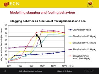 Modelling slagging and fouling behaviour

                                                Slagging behavior as function ofelements in biomass for fluxed clean wood fuel
                                                                         wt% ash mixing slag as f(T) and coal
                                               wt% ash elements in slag as f(T) for fluxed clean wood fuel
                                                                                                                     100
                                       100
                                                                                                                      90



                                                                              slag as wt% of fuel ash (incl. flux)
                                        90
slag as wt% of fuel ash (incl. flux)




                                                                                                                                                               Original clean wood
                                                                                                                      80
                                        80
                                                                                                                      70
                                        70                                                                                                                     Silica/fuel ash=0.25 kg/kg
                                                                                                                      60
                                        60
                                                                                                                      50
                                                                                                                                                               Silica/fuel ash=0.75 kg/kg
                                        50                                                                            40
                                        40                                                                            30                                       Silica/fuel ash=1.25 kg/kg
                                        30                                                                            20
                                        20                                                                            10                                       Silica/alumina/fuel
                                        10                                                                             0                                       ash=0.5/0.45 kg/kg
                                            0                                                                           800    1000            1200              1400        1600           18
                                             800       1000          1200                                             1400    1600           1800 T [°C]
                                                                            T [°C]
                                       17                GAP & Coal Chemicals Conference                                             8-9 June 2011 - Beijing
 