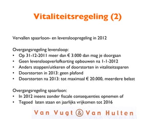 Vitaliteitsregeling (2) Vervallen spaarloon- en levensloopregeling in 2012 Overgangsregeling levensloop: Op 31-12-2011 meer dan  €  3.000 dan mag je doorgaan Geen levensloopverlofkorting opbouwen na 1-1-2012 Anders stoppen/uitkeren of doorstorten in vitaliteitssparen  Doorstorten in 2013: geen plafond Doorstorten na 2013: tot maximaal  €  20.000, meerdere belast Overgangsregeling spaarloon: In 2012 ineens zonder fiscale consequenties opnemen of Tegoed  laten staan en jaarlijks vrijkomen tot 2016  