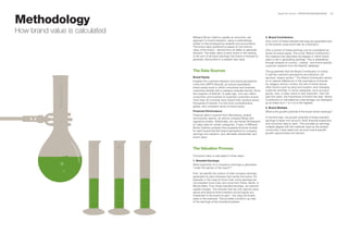Methodology
                                                                                                         BrandZ Top 100 2011: OPPORTUNITIES/RESOURCES   103




How brand value is calculated
                                Millward Brown Optimor applies an economic use                2. Brand Contribution
                                approach to brand valuation, using a methodology              How much of these branded earnings are generated due
                                similar to that employed by analysts and accountants.         to the brand’s close bond with its customers?
                                The brand value published is based on the intrinsic
                                value of the brand – derived from its ability to generate     Only a portion of these earnings can be considered as
                                demand. The dollar value of each brand in the ranking         driven by brand equity. This is the “Brand Contribution,”
                                is the sum of all future earnings that brand is forecast to   the measure that describes the degree to which brand
                                generate, discounted to a present-day value.                  plays a role in generating earnings. This is established
                                                                                              through analysis of country-, market-, and brand-specific
                                                                                              customer research from the BrandZ database.
                                The Data Sources                                              This guarantees that the Brand Contribution is rooted
                                                                                              in real-life customer perceptions and behavior, not
                                Brand Equity                                                  spurious “expert opinion.” The Brand Contribution allows
                                Insights into customer behavior and brand perceptions         us to capture differences in the importance of brands
                                come from WPP’s BrandZ, an annual quantitative                by category and by country, the role of brand versus
                                brand equity study in which consumers and business            other factors such as price and location, and changing
                                customers familiar with a category evaluate brands. Since     customer priorities. In some categories, such as luxury
                                the inception of BrandZ 13 years ago, over two million        goods, cars, or beer, brand is very important. Over the
                                consumers and business-to-business customers across           past five years, the importance of brand has risen. Brand
                                more than 30 countries have shared their opinions about       Contribution is calculated as a percentage, but displayed
                                thousands of brands. It is the most comprehensive,            as an index from 1 to 5 (5 is the highest).
                                global, and consistent study of brand equity.
                                                                                              3. Brand Multiple
                                Financial Performance                                         What is the growth potential of the brand-driven earnings?
                                Financial data is sourced from Bloomberg, analyst
                                and industry reports, as well as company filings with         In the final step, the growth potential of these branded
                                regulatory bodies. Additionally, we use Kantar Worldpanel     earnings is taken into account. Both financial projections
                                for sales data for certain categories. A team of Millward     and consumer data is used . This provides an earnings
                                Brown Optimor analysts then prepares financial models         multiple aligned with the methods used by the analyst
                                for each brand that link brand perceptions to company         community. It also takes into account brand-specific
                                earnings and valuation, and ultimately shareholder and        growth opportunities and barriers.
                                brand value.



                                The Valuation Process
                                The brand value is calculated in three steps:
                                1. Branded Earnings
                                What proportion of a company’s earnings is generated
                                “under the banner of the brand”?

                                First, we identify the portion of total company earnings
                                generated by each business that carries the brand. For
                                example, in the case of Coca-Cola, some earnings are
                                not branded Coca-Cola, but come from Fanta, Sprite, or
                                Minute Maid. From these branded earnings, we subtract
                                capital charges. This ensures that we only capture value
                                above and beyond what investors would require any
                                investment in the brand to earn – the value the brand
                                adds to the business. This provides a bottom-up view
                                of the earnings of the branded business.
 