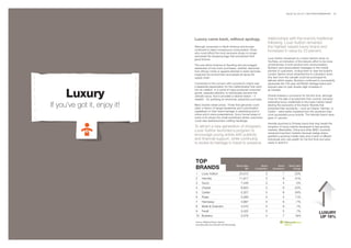 BrandZ Top 100 2011: SECTORS/COMMENTARy   60




                              Luxury came back, without apology.                                         relationships with the brand’s traditional
                                                                                                         following. Louis Vuitton remained
                              Although consumers in North America and Europe                             the highest-valued luxury brand and
                              continued to reject conspicuous consumption, those                         increased in value by 23 percent.
                              who could afford the most exclusive shops no longer
                              eschewed the shopping bags that proclaimed their
                              good fortune.                                                              Louis Vuitton broadcast its London fashion show on
                                                                                                         YouTube, an indication of the industry effort to be more
                              The new ethos frowned on flaunting and encouraged                          contemporary in both product and communication.
                              awareness of how one’s purchases, whether diamonds                         Burberry sent personalized messages to the mobile
                              from African mines or apparel stitched in Asian factories,                 phones of customers, inviting them to view the brand’s
                              impacted the environment and people all along the                          London fashion show streamed live to a Burberry store.
                              supply chain.                                                              Any item from the catwalk could be purchased for
                                                                                                         delivery within weeks. Burberry continued to successfully
                              Connected to the concern with a product’s origins was                      rejuvenate the 155-year-old British heritage brand and
                              a deepened appreciation for the craftsmanship that went                    enjoyed year-on-year double-digit increases in


     Luxury
                              into its creation. In a world of mass-produced consumer                    all markets.
                              goods, bespoke attention to individuality became the
                              ultimate luxury. And it provided a rational reason – if                    Chanel entered e-commerce for the first time, although
                              needed – for justifying an emotional, expensive purchase.                  more for the sale of accessories than couture, because

If you’ve got it, enjoy it!
                                                                                                         extending luxury credentials to the mass market risked
                              Many brands raised prices. Those that genuinely could                      diluting the exclusivity of the brand. Brands that
                              claim a history of design leadership and customization                     protected their exclusivity – such as Chanel, Hermès, or
                              capitalized on their brand heritage in advertising and in                  Cartier – were better insulated from the recession than
                              online and in-store presentations. Gucci turned areas of                   more accessible luxury brands. The Hermès brand value
                              some of its stores into small workshops where customers                    grew 41 percent.
                              could view leatherworkers crafting handbags.
                                                                                                         Hermès launched a Chinese brand that may herald the
                              To attract a new generation of shoppers,                                   inception of luxury brands developed in fast-growing
                              Louis Vuitton launched a program to                                        markets. Meanwhile, China and other BRIC countries
                                                                                                         remained important markets because badge status
                              encourage young artists with publicity                                     gratified a growing middle class and a band of affluent
                              and financial support, while continuing                                    individuals who had wealth for the first time and were
                              to evoke its heritage in travel to preserve                                ready to spend it.




                              TOp
                              BRANDS                                        Brand Value
                                                                                    $M
                                                                                                Brand
                                                                                          Contribution
                                                                                                                Brand
                                                                                                             Momentum
                                                                                                                           Brand Value
                                                                                                                               Change

                               1     Louis Vuitton                            24,312                5                7          23%
                               2     Hermès                                   11,917                5                8          41%
                               3     Gucci                                      7,449               5                4           -2%
                               4     Chanel                                     6,823               5                9          23%
                               5     Cartier                                    5,327               5                6          34%
                               6     Rolex                                      5,269               5                5          11%
                               7     Hennessy                                   4,997               5                8           -7%
                               8     Moët & Chandon                             4,570               5                8            7%
                               9     Fendi                                      3,422               5                5            7%
                                                                                                                                                     LUXURy
                               10 Burberry                                      3,379               4                7           N/A                 Up 19%
                               Source: Millward Brown Optimor
                               (including data from BrandZ and Bloomberg)
 