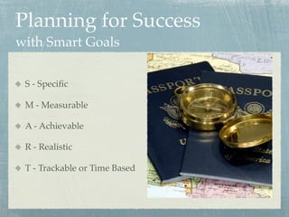 Planning for Success
with Smart Goals

 S - Speciﬁc

 M - Measurable

 A - Achievable

 R - Realistic

 T - Trackable or Time Based
 