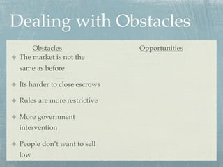 Dealing with Obstacles
     Obstacles                 Opportunities
 The market is not the
 same as before

 Its harder to close escrows

 Rules are more restrictive

 More government
 intervention

 People don’t want to sell
 low
 