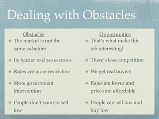 Dealing with Obstacles
     Obstacles                    Opportunities
 The market is not the         That’s what make this
 same as before                job interesting!

 Its harder to close escrows   There’s less competition

 Rules are more restrictive    We get real buyers

 More government               Rates are lower and
 intervention                  prices are affordable

 People don’t want to sell     People can sell low and
 low                           buy low
 