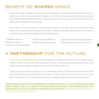 BeneFit oF SHARED sPAce
      Connections for Hope is designed to accelerate the successful development of partnering organizations through an array of
      support resources and services, encouraging the development of new ideas. Co-locating non-profits and county services into one
      space facilitates dialogue and collaboration between organizations, and fosters innovative ideas and ever evolving solutions to the
      complex problems experienced in our community.


      The non-profits that make up Connections for Hope benefit tremendously from their collaborative relationship with other
      organizations, serving the community through shared workspace. Through this partnership, non-profits have a greater capacity to
      serve clients, in terms of financial resources, programs, and physical space.


• Affordable, stable space                • Mission-enhancing collaboration            • Greater visibility of participating organizations
• Reduced overhead costs                  • Dedicated meeting/training space           • Operational efficiency and shared resources
• Collaborative funding opportunities




A PARTNERSHIP For tHe Future
      wHAt wAs rAre BeFore—receiving an integrated array of family and community services in a single, convenient
      community location—is now a reality thanks to Connections for Hope. A process that once required traveling all over town to
      receive service and counseling is now replaced by a sense of hope in what the future offers.


      A family comes in for medical care and discovers that job skill training is available for adults just down the hall. As they visit the
      office, they find that they can take ESL classes and that children have access to after-school homework assistance. In one of the
      partner organizations, someone at risk for homelessness receives counseling to help with financial and credit management.



“we are approaching help to the community in a broad spectrum. it’s not just one organization
doing a single thing. it’s a group of organizations who can pool their resources and their
connections to be able to serve the community in a better way.” BarBara sorenson, PresiDent,
veCinos UniDos neighBors UniteD
 