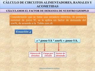 Considerando que se tiene una secadora eléctrica, de potencia
nominal de 5000 W, se le aplica un factor de demanda del
100%, de acuerdo a la Tabla 220.18.
CÁLCULO DE CIRCUITOS ALIMENTADORES, RAMALES Y
ACOMETIDAS
Ecuación 4
1 * 5000 VA * 100% = 5000 VA.
Número de
circuitos
Carga por
circuito
Factor de
demanda
CÁLCULAMOS EL FACTOR DE DEMANDA DE NUESTRO EJEMPLO
FERNANDO RODRÍGUEZ VALENCIA
 