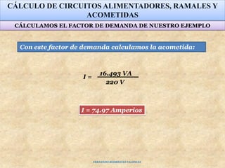 CÁLCULO DE CIRCUITOS ALIMENTADORES, RAMALES Y
ACOMETIDAS
16.493 VA
220 V
I =
Con este factor de demanda calculamos la acometida:
I = 74.97 Amperios
CÁLCULAMOS EL FACTOR DE DEMANDA DE NUESTRO EJEMPLO
FERNANDO RODRÍGUEZ VALENCIA
 