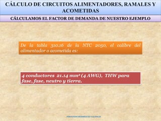 De la tabla 310.16 de la NTC 2050, el calibre del
alimentador o acometida es:
CÁLCULO DE CIRCUITOS ALIMENTADORES, RAMALES Y
ACOMETIDAS
4 conductores 21.14 mm2 (4 AWG), THW para
fase, fase, neutro y tierra.
CÁLCULAMOS EL FACTOR DE DEMANDA DE NUESTRO EJEMPLO
FERNANDO RODRÍGUEZ VALENCIA
 