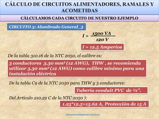 CÁLCULO DE CIRCUITOS ALIMENTADORES, RAMALES Y
ACOMETIDAS
1500 VA
120 V
I =
Tubería conduit PVC de ½”.
3 conductores 3.30 mm2 (12 AWG), THW , se recomienda
utilizar 3.30 mm2 (12 AWG) como calibre mínimo para una
instalación eléctrica
1.25*12.5=15.62 A, Protección de 15 A
Del Artículo 210.22 C de la NTC 2050 ):
CIRCUITO 3: Alumbrado General_3
De la tabla 310.16 de la NTC 2050, el calibre es:
De la tabla C9 de la NTC 2050 para THW y 3 conductores:
I = 12.5 Amperios
CÁLCULAMOS CADA CIRCUITO DE NUESTRO EJEMPLO
FERNANDO RODRÍGUEZ VALENCIA
 