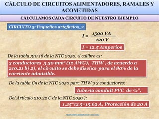 CÁLCULO DE CIRCUITOS ALIMENTADORES, RAMALES Y
ACOMETIDAS
1500 VA
120 V
I =
Tubería conduit PVC de ½”.
3 conductores 3.30 mm2 (12 AWG), THW , de acuerdo a
210.21 b) 2), el circuito se debe diseñar para el 80% de la
corriente admisible.
1.25*12.5=15.62 A, Protección de 20 A
Del Artículo 210.22 C de la NTC 2050 ):
CIRCUITO 5: Pequeños artefactos_2
De la tabla 310.16 de la NTC 2050, el calibre es:
De la tabla C9 de la NTC 2050 para THW y 3 conductores:
I = 12.5 Amperios
CÁLCULAMOS CADA CIRCUITO DE NUESTRO EJEMPLO
FERNANDO RODRÍGUEZ VALENCIA
 