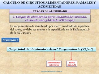 1. Cargas de alumbrado para unidades de vivienda.
(Artículo 220.3.b) de la NTC 2050)
CÁLCULO DE CIRCUITOS ALIMENTADORES, RAMALES Y
ACOMETIDAS
Ecuación 1
Carga total de alumbrado = Área * Carga unitaria (VA/m ).
Dimensiones
exteriores
Tabla
220.3.b)
2
CARGAS DE ALUMBRADO
La carga mínima de alumbrado por metro cuadrado de superficie
del suelo, no debe ser menor a la especificada en la Tabla 220.3.b
de la NTC 2050 .
FERNANDO RODRÍGUEZ VALENCIA
 