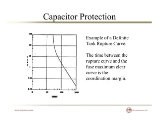 Capacitor Protection
Example of a DefiniteExample of a Definite
Tank Rupture Curve.
Th i b hThe time between the
rupture curve and the
fuse maximum clear
curve is the
coordination margin.
 