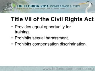 FAMILY AND MEDICAL LEAVE ACT (FMLA)Provides 12 Weeks of Unpaid Leave for: Serious Health Condition of Employee, Spouse, Parent or Child; Birth, Adoption or Placement & To Care for Child; A Qualifying Exigency; Being the Spouse, Child, Parent or Next of Kin of a Covered Service Member with a Serious Injury or Illness.Covered Employers - 50+ EmployeesEligible Employees – 12 Months/1,250 Hours at Worksite with 50 or more employees within 75 miles     a. Health Benefit Continuation     b. Reinstatement Rights     c. Intermittent Leave (right to transfer to accommodate)