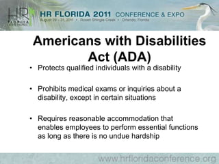 OLDER WORKERS BENEFITPROTECTION ACT  (OWBPA) 1990Covers Compensation, Terms, Conditions and Privileges Provided Under Employee Benefit PlansMust Be Given 21 or 45 Days to Consider Any    Agreement Under ADEAGroup Terminations or Retirement Programs -Provide 7 Days to Revoke Agreement After Signing Eligible Employees Must Be Provided With    Certain Demographic Information As a Part of    Group Term Release or ADEA Claims