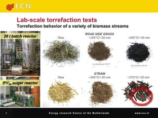 Lab-scale torrefaction tests
        Torrefaction behavior of a variety of biomass streams
                                        ROAD SIDE GRASS
20 l batch reactor         Raw           ~255°C/~30 min     ~295°C/~30 min




                                            STRAW
                           Raw           ~260°C/~30 min     ~270°C/~30 min
5kg/hr auger reactor




 7
 