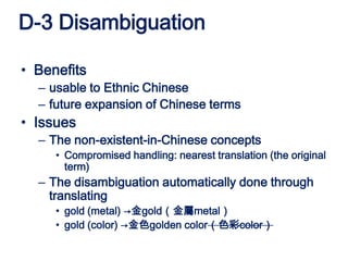 D-3 Disambiguation

• Benefits
  – usable to Ethnic Chinese
  – future expansion of Chinese terms
• Issues
  – The non-exi...