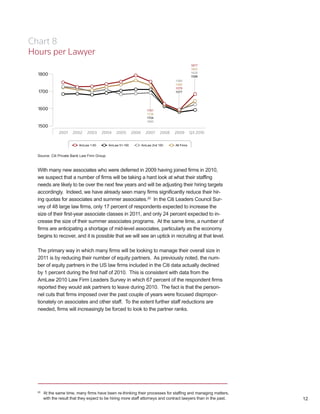 Chart 8
Hours per Lawyer




  Source: Citi Private Bank Law Firm Group



  With many new associates who were deferred in 2009 having joined firms in 2010,
  we suspect that a number of firms will be taking a hard look at what their staffing
  needs are likely to be over the next few years and will be adjusting their hiring targets
  accordingly. Indeed, we have already seen many firms significantly reduce their hir-
  ing quotas for associates and summer associates.20 In the Citi Leaders Council Sur-
  vey of 48 large law firms, only 17 percent of respondents expected to increase the
  size of their first-year associate classes in 2011, and only 24 percent expected to in-
  crease the size of their summer associates programs. At the same time, a number of
  firms are anticipating a shortage of mid-level associates, particularly as the economy
  begins to recover, and it is possible that we will see an uptick in recruiting at that level.

  The primary way in which many firms will be looking to manage their overall size in
  2011 is by reducing their number of equity partners. As previously noted, the num-
  ber of equity partners in the US law firms included in the Citi data actually declined
  by 1 percent during the first half of 2010. This is consistent with data from the
  AmLaw 2010 Law Firm Leaders Survey in which 67 percent of the respondent firms
  reported they would ask partners to leave during 2010. The fact is that the person-
  nel cuts that firms imposed over the past couple of years were focused dispropor-
  tionately on associates and other staff. To the extent further staff reductions are
  needed, firms will increasingly be forced to look to the partner ranks.




  20
       At the same time, many firms have been re-thinking their processes for staffing and managing matters,
       with the result that they expect to be hiring more staff attorneys and contract lawyers than in the past.   12
 