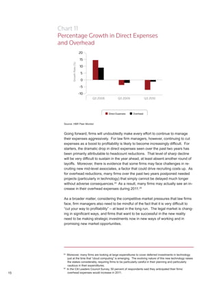 Chart 11
     Percentage Growth in Direct Expenses
     and Overhead




       Source: HBR Peer Monitor



       Going forward, firms will undoubtedly make every effort to continue to manage
       their expenses aggressively. For law firm managers, however, continuing to cut
       expenses as a boost to profitability is likely to become increasingly difficult. For
       starters, the dramatic drop in direct expenses seen over the past two years has
       been primarily attributable to headcount reductions. That level of sharp decline
       will be very difficult to sustain in the year ahead, at least absent another round of
       layoffs. Moreover, there is evidence that some firms may face challenges in re-
       cruiting new mid-level associates, a factor that could drive recruiting costs up. As
       for overhead reductions, many firms over the past two years postponed needed
       projects (particularly in technology) that simply cannot be delayed much longer
       without adverse consequences.24 As a result, many firms may actually see an in-
       crease in their overhead expenses during 2011.25

       As a broader matter, considering the competitive market pressures that law firms
       face, firm managers also need to be mindful of the fact that it is very difficult to
       “cut your way to profitability” – at least in the long run. The legal market is chang-
       ing in significant ways, and firms that want to be successful in the new reality
       need to be making strategic investments now in new ways of working and in
       promising new market opportunities.




       24
            Moreover, many firms are looking at large expenditures to cover deferred investments in technology
             just at the time that “cloud computing” is emerging. The evolving nature of this new technology raises
             the stakes considerably, requiring firms to be particularly careful in their planning and particularly
             cautious in their expenditures.
       25
            In the Citi Leaders Council Survey, 50 percent of respondents said they anticipated their firms’
15           overhead expenses would increase in 2011.
 