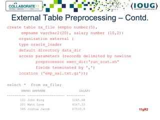 External Table Preprocessing – Contd.
create table zx_file (empno number(5),
      empname varchar2(20), salary number (10,2))
     organization external (
     type oracle_loader
     default directory data_dir
     access parameters (records delimited by newline
            preprocessor exec_dir:'run_zcat.sh'
            fields terminated by ',')
     location ('emp_sal.txt.gz'));

select *      from zx_file;
       EMPNO EMPNAME                    SALARY
----------   -------------------- ----------
       101   John King               1245.68
       201   Matt Love               4567.33
       345   Joshua Jacob            67533.9           11gR2
 