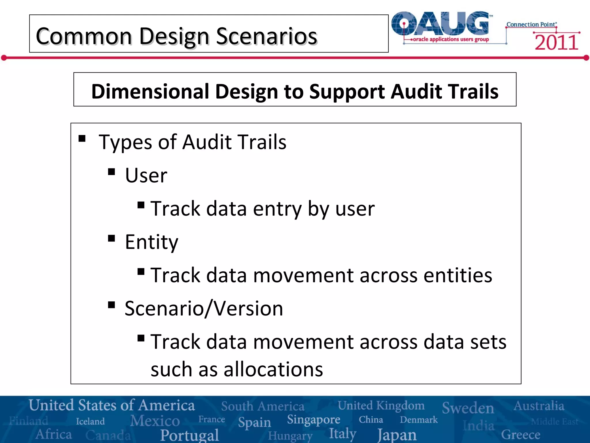 Common Design ScenariosCommon Design Scenarios
 Types of Audit Trails
 User
 Track data entry by user
 Entity
 Track data movement across entities
 Scenario/Version
 Track data movement across data sets
such as allocations
Dimensional Design to Support Audit Trails
 
