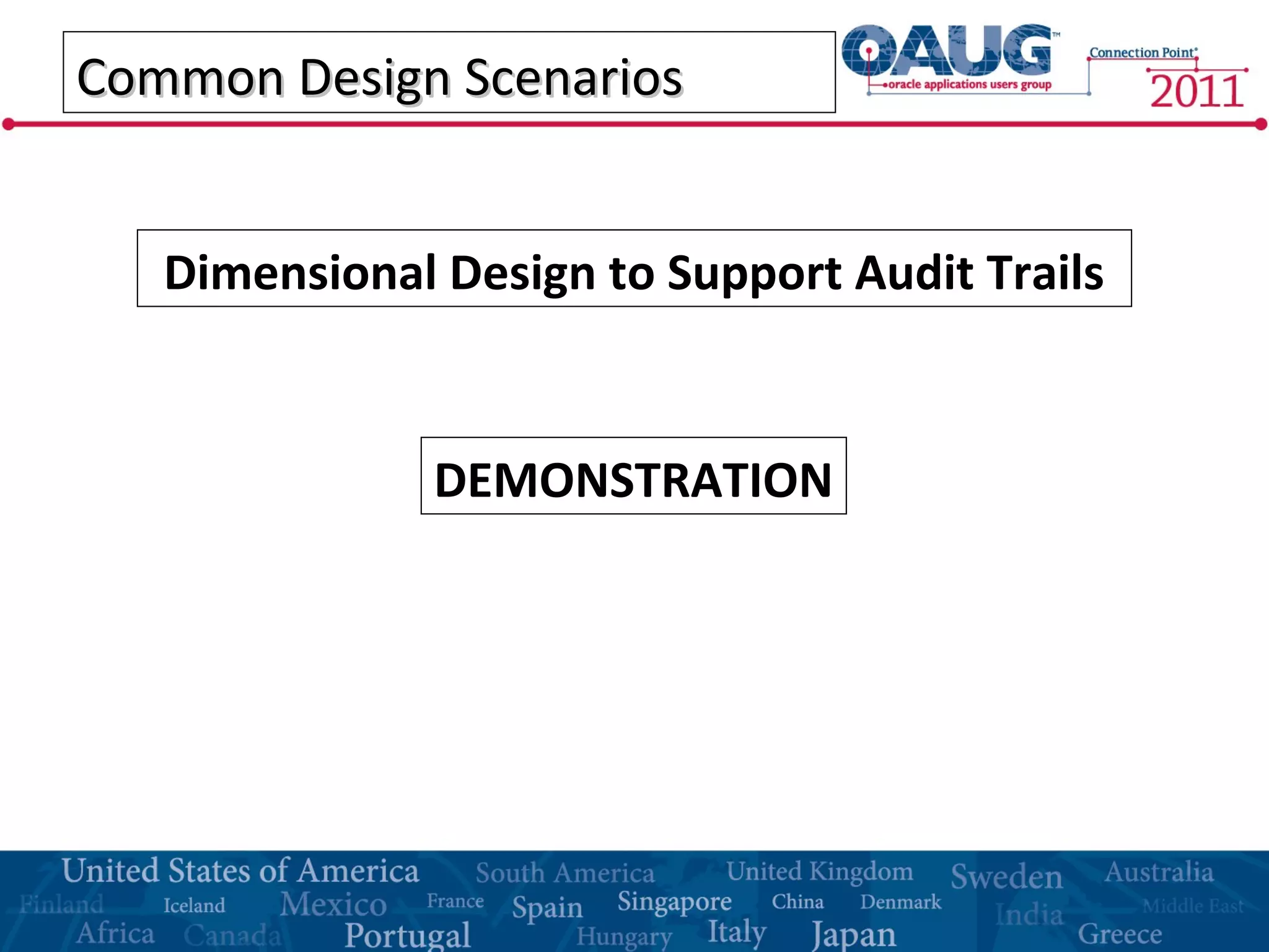 Common Design ScenariosCommon Design Scenarios
Dimensional Design to Support Audit Trails
DEMONSTRATION
 