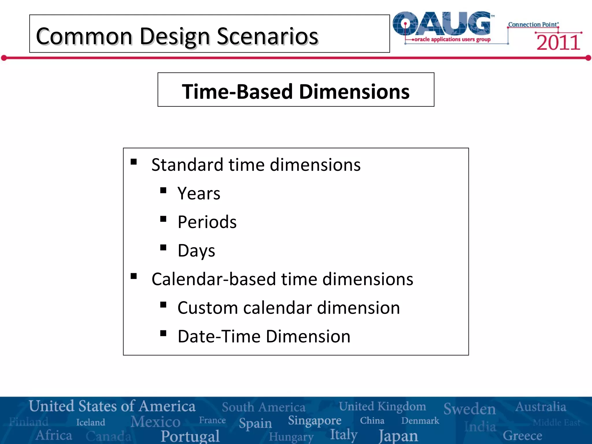Common Design ScenariosCommon Design Scenarios
 Standard time dimensions
 Years
 Periods
 Days
 Calendar-based time dimensions
 Custom calendar dimension
 Date-Time Dimension
Time-Based Dimensions
 