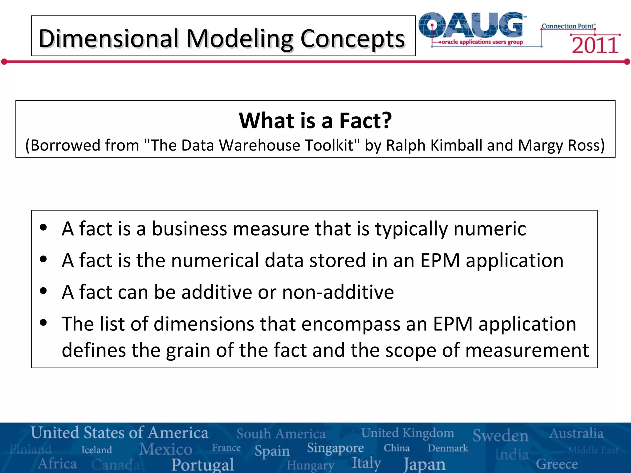 Dimensional Modeling ConceptsDimensional Modeling Concepts
• A fact is a business measure that is typically numeric
• A fact is the numerical data stored in an EPM application
• A fact can be additive or non-additive
• The list of dimensions that encompass an EPM application
defines the grain of the fact and the scope of measurement
What is a Fact?
(Borrowed from "The Data Warehouse Toolkit" by Ralph Kimball and Margy Ross)
 