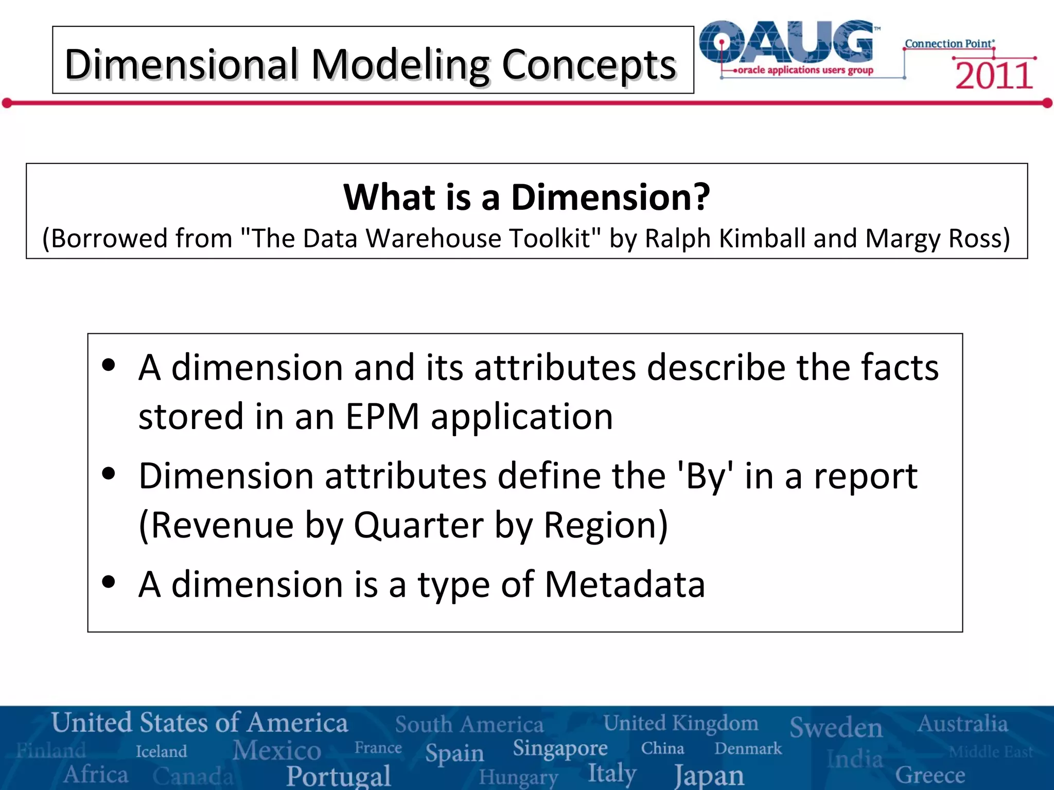 Dimensional Modeling ConceptsDimensional Modeling Concepts
• A dimension and its attributes describe the facts
stored in an EPM application
• Dimension attributes define the 'By' in a report
(Revenue by Quarter by Region)
• A dimension is a type of Metadata
What is a Dimension?
(Borrowed from "The Data Warehouse Toolkit" by Ralph Kimball and Margy Ross)
 