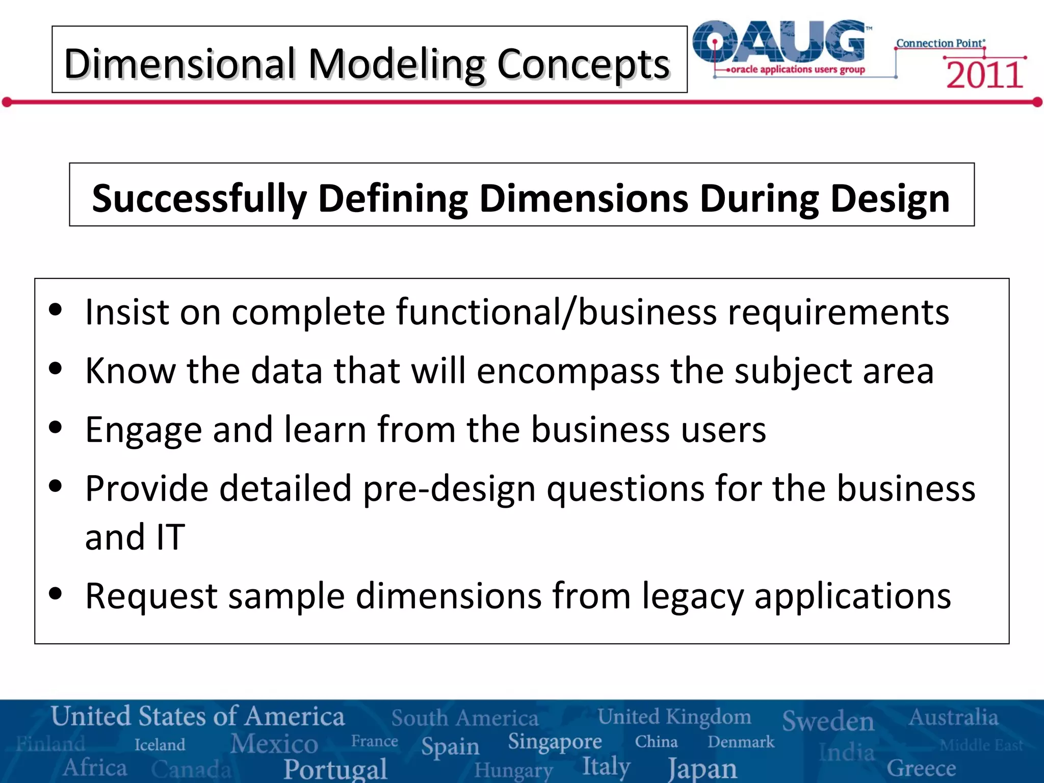 Dimensional Modeling ConceptsDimensional Modeling Concepts
• Insist on complete functional/business requirements
• Know the data that will encompass the subject area
• Engage and learn from the business users
• Provide detailed pre-design questions for the business
and IT
• Request sample dimensions from legacy applications
Successfully Defining Dimensions During Design
 