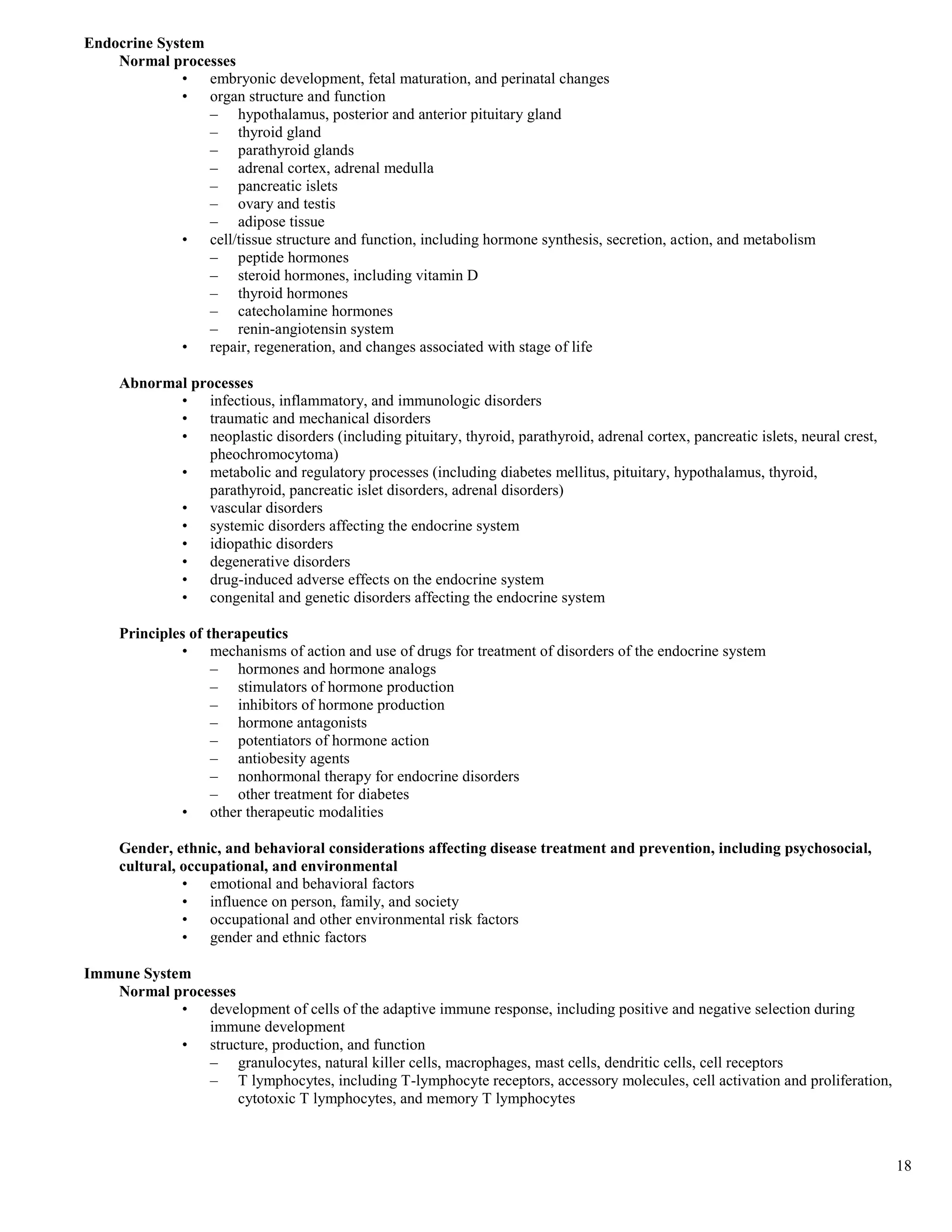 Endocrine System
    Normal processes
              • embryonic development, fetal maturation, and perinatal changes
              • organ structure and function
                 – hypothalamus, posterior and anterior pituitary gland
                 – thyroid gland
                 – parathyroid glands
                 – adrenal cortex, adrenal medulla
                 – pancreatic islets
                 – ovary and testis
                 – adipose tissue
              • cell/tissue structure and function, including hormone synthesis, secretion, action, and metabolism
                 – peptide hormones
                 – steroid hormones, including vitamin D
                 – thyroid hormones
                 – catecholamine hormones
                 – renin-angiotensin system
              • repair, regeneration, and changes associated with stage of life

     Abnormal processes
            • infectious, inflammatory, and immunologic disorders
            • traumatic and mechanical disorders
            • neoplastic disorders (including pituitary, thyroid, parathyroid, adrenal cortex, pancreatic islets, neural crest,
                pheochromocytoma)
            • metabolic and regulatory processes (including diabetes mellitus, pituitary, hypothalamus, thyroid,
                parathyroid, pancreatic islet disorders, adrenal disorders)
            • vascular disorders
            • systemic disorders affecting the endocrine system
            • idiopathic disorders
            • degenerative disorders
            • drug-induced adverse effects on the endocrine system
            • congenital and genetic disorders affecting the endocrine system

     Principles of therapeutics
              • mechanisms of action and use of drugs for treatment of disorders of the endocrine system
                    – hormones and hormone analogs
                    – stimulators of hormone production
                    – inhibitors of hormone production
                    – hormone antagonists
                    – potentiators of hormone action
                    – antiobesity agents
                    – nonhormonal therapy for endocrine disorders
                    – other treatment for diabetes
              • other therapeutic modalities

     Gender, ethnic, and behavioral considerations affecting disease treatment and prevention, including psychosocial,
     cultural, occupational, and environmental
               • emotional and behavioral factors
               • influence on person, family, and society
               • occupational and other environmental risk factors
               • gender and ethnic factors

Immune System
   Normal processes
            • development of cells of the adaptive immune response, including positive and negative selection during
               immune development
            • structure, production, and function
               – granulocytes, natural killer cells, macrophages, mast cells, dendritic cells, cell receptors
               – T lymphocytes, including T-lymphocyte receptors, accessory molecules, cell activation and proliferation,
                    cytotoxic T lymphocytes, and memory T lymphocytes



                                                                                                                                  18
 