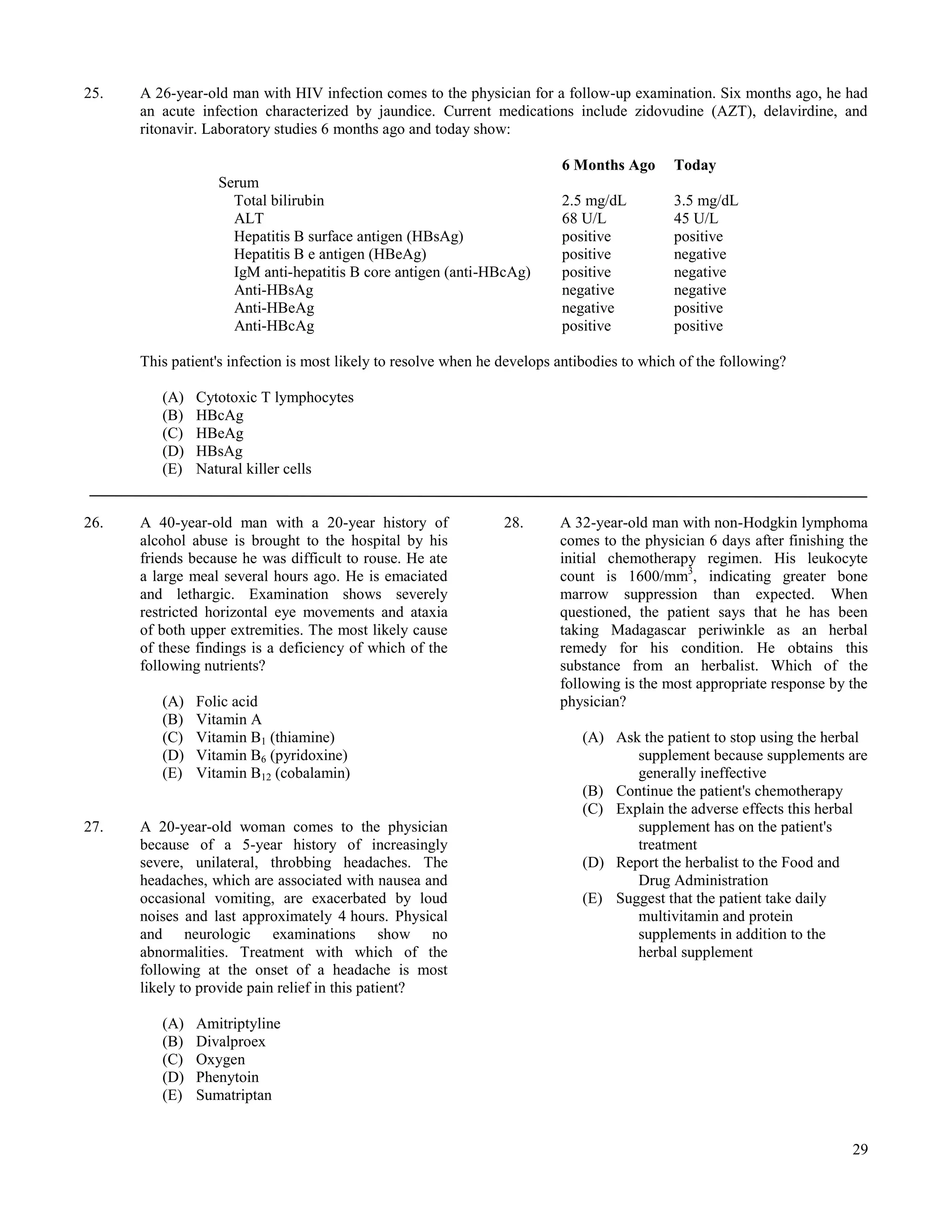 25.   A 26-year-old man with HIV infection comes to the physician for a follow-up examination. Six months ago, he had
      an acute infection characterized by jaundice. Current medications include zidovudine (AZT), delavirdine, and
      ritonavir. Laboratory studies 6 months ago and today show:

                                                                          6 Months Ago      Today
                  Serum
                    Total bilirubin                                       2.5 mg/dL         3.5 mg/dL
                    ALT                                                   68 U/L            45 U/L
                    Hepatitis B surface antigen (HBsAg)                   positive          positive
                    Hepatitis B e antigen (HBeAg)                         positive          negative
                    IgM anti-hepatitis B core antigen (anti-HBcAg)        positive          negative
                    Anti-HBsAg                                            negative          negative
                    Anti-HBeAg                                            negative          positive
                    Anti-HBcAg                                            positive          positive

      This patient's infection is most likely to resolve when he develops antibodies to which of the following?

         (A)   Cytotoxic T lymphocytes
         (B)   HBcAg
         (C)   HBeAg
         (D)   HBsAg
         (E)   Natural killer cells


26.   A 40-year-old man with a 20-year history of                28.      A 32-year-old man with non-Hodgkin lymphoma
      alcohol abuse is brought to the hospital by his                     comes to the physician 6 days after finishing the
      friends because he was difficult to rouse. He ate                   initial chemotherapy regimen. His leukocyte
      a large meal several hours ago. He is emaciated                     count is 1600/mm3, indicating greater bone
      and lethargic. Examination shows severely                           marrow suppression than expected. When
      restricted horizontal eye movements and ataxia                      questioned, the patient says that he has been
      of both upper extremities. The most likely cause                    taking Madagascar periwinkle as an herbal
      of these findings is a deficiency of which of the                   remedy for his condition. He obtains this
      following nutrients?                                                substance from an herbalist. Which of the
                                                                          following is the most appropriate response by the
         (A)   Folic acid                                                 physician?
         (B)   Vitamin A
         (C)   Vitamin B1 (thiamine)                                         (A) Ask the patient to stop using the herbal
         (D)   Vitamin B6 (pyridoxine)                                              supplement because supplements are
         (E)   Vitamin B12 (cobalamin)                                              generally ineffective
                                                                             (B) Continue the patient's chemotherapy
                                                                             (C) Explain the adverse effects this herbal
27.   A 20-year-old woman comes to the physician                                    supplement has on the patient's
      because of a 5-year history of increasingly                                   treatment
      severe, unilateral, throbbing headaches. The                           (D) Report the herbalist to the Food and
      headaches, which are associated with nausea and                               Drug Administration
      occasional vomiting, are exacerbated by loud                           (E) Suggest that the patient take daily
      noises and last approximately 4 hours. Physical                               multivitamin and protein
      and neurologic examinations show no                                           supplements in addition to the
      abnormalities. Treatment with which of the                                    herbal supplement
      following at the onset of a headache is most
      likely to provide pain relief in this patient?

         (A)   Amitriptyline
         (B)   Divalproex
         (C)   Oxygen
         (D)   Phenytoin
         (E)   Sumatriptan


                                                                                                                        29
 