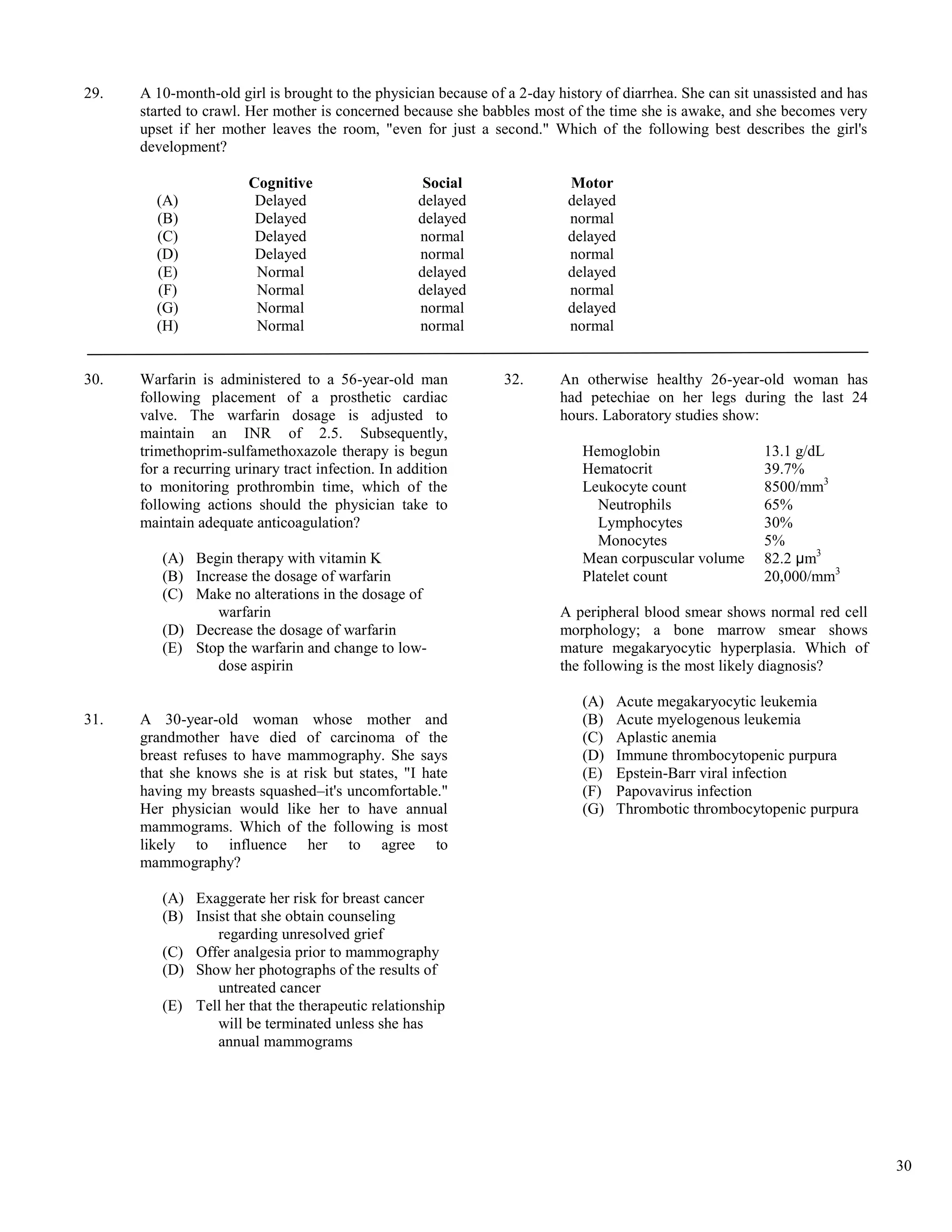29.   A 10-month-old girl is brought to the physician because of a 2-day history of diarrhea. She can sit unassisted and has
      started to crawl. Her mother is concerned because she babbles most of the time she is awake, and she becomes very
      upset if her mother leaves the room, "even for just a second." Which of the following best describes the girl's
      development?

                        Cognitive                    Social                Motor
        (A)              Delayed                    delayed                delayed
        (B)              Delayed                    delayed                normal
        (C)              Delayed                    normal                 delayed
        (D)              Delayed                    normal                 normal
        (E)              Normal                     delayed                delayed
        (F)              Normal                     delayed                normal
        (G)              Normal                     normal                 delayed
        (H)              Normal                     normal                 normal


30.   Warfarin is administered to a 56-year-old man              32.      An otherwise healthy 26-year-old woman has
      following placement of a prosthetic cardiac                         had petechiae on her legs during the last 24
      valve. The warfarin dosage is adjusted to                           hours. Laboratory studies show:
      maintain an INR of 2.5. Subsequently,
      trimethoprim-sulfamethoxazole therapy is begun                         Hemoglobin                    13.1 g/dL
      for a recurring urinary tract infection. In addition                   Hematocrit                    39.7%
      to monitoring prothrombin time, which of the                           Leukocyte count               8500/mm3
      following actions should the physician take to                           Neutrophils                 65%
      maintain adequate anticoagulation?                                       Lymphocytes                 30%
                                                                               Monocytes                   5%
         (A) Begin therapy with vitamin K                                    Mean corpuscular volume       82.2 μm3
         (B) Increase the dosage of warfarin                                 Platelet count                20,000/mm3
         (C) Make no alterations in the dosage of
                 warfarin                                                 A peripheral blood smear shows normal red cell
         (D) Decrease the dosage of warfarin                              morphology; a bone marrow smear shows
         (E) Stop the warfarin and change to low-                         mature megakaryocytic hyperplasia. Which of
                 dose aspirin                                             the following is the most likely diagnosis?

                                                                             (A)     Acute megakaryocytic leukemia
31.   A 30-year-old woman whose mother and                                   (B)     Acute myelogenous leukemia
      grandmother have died of carcinoma of the                              (C)     Aplastic anemia
      breast refuses to have mammography. She says                           (D)     Immune thrombocytopenic purpura
      that she knows she is at risk but states, "I hate                      (E)     Epstein-Barr viral infection
      having my breasts squashed–it's uncomfortable."                        (F)     Papovavirus infection
      Her physician would like her to have annual                            (G)     Thrombotic thrombocytopenic purpura
      mammograms. Which of the following is most
      likely to influence her to agree to
      mammography?

         (A) Exaggerate her risk for breast cancer
         (B) Insist that she obtain counseling
                 regarding unresolved grief
         (C) Offer analgesia prior to mammography
         (D) Show her photographs of the results of
                 untreated cancer
         (E) Tell her that the therapeutic relationship
                 will be terminated unless she has
                 annual mammograms




                                                                                                                               30
 
