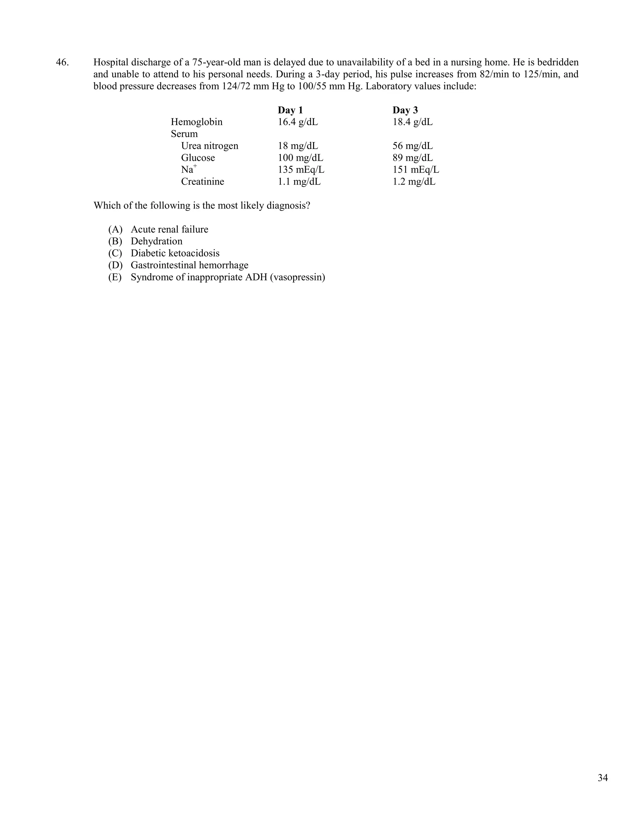 46.   Hospital discharge of a 75-year-old man is delayed due to unavailability of a bed in a nursing home. He is bedridden
      and unable to attend to his personal needs. During a 3-day period, his pulse increases from 82/min to 125/min, and
      blood pressure decreases from 124/72 mm Hg to 100/55 mm Hg. Laboratory values include:

                                                  Day 1                      Day 3
                        Hemoglobin                16.4 g/dL                  18.4 g/dL
                        Serum
                          Urea nitrogen           18 mg/dL                   56 mg/dL
                          Glucose                 100 mg/dL                  89 mg/dL
                          Na+                     135 mEq/L                  151 mEq/L
                          Creatinine              1.1 mg/dL                  1.2 mg/dL

      Which of the following is the most likely diagnosis?

         (A)   Acute renal failure
         (B)   Dehydration
         (C)   Diabetic ketoacidosis
         (D)   Gastrointestinal hemorrhage
         (E)   Syndrome of inappropriate ADH (vasopressin)




                                                                                                                             34
 