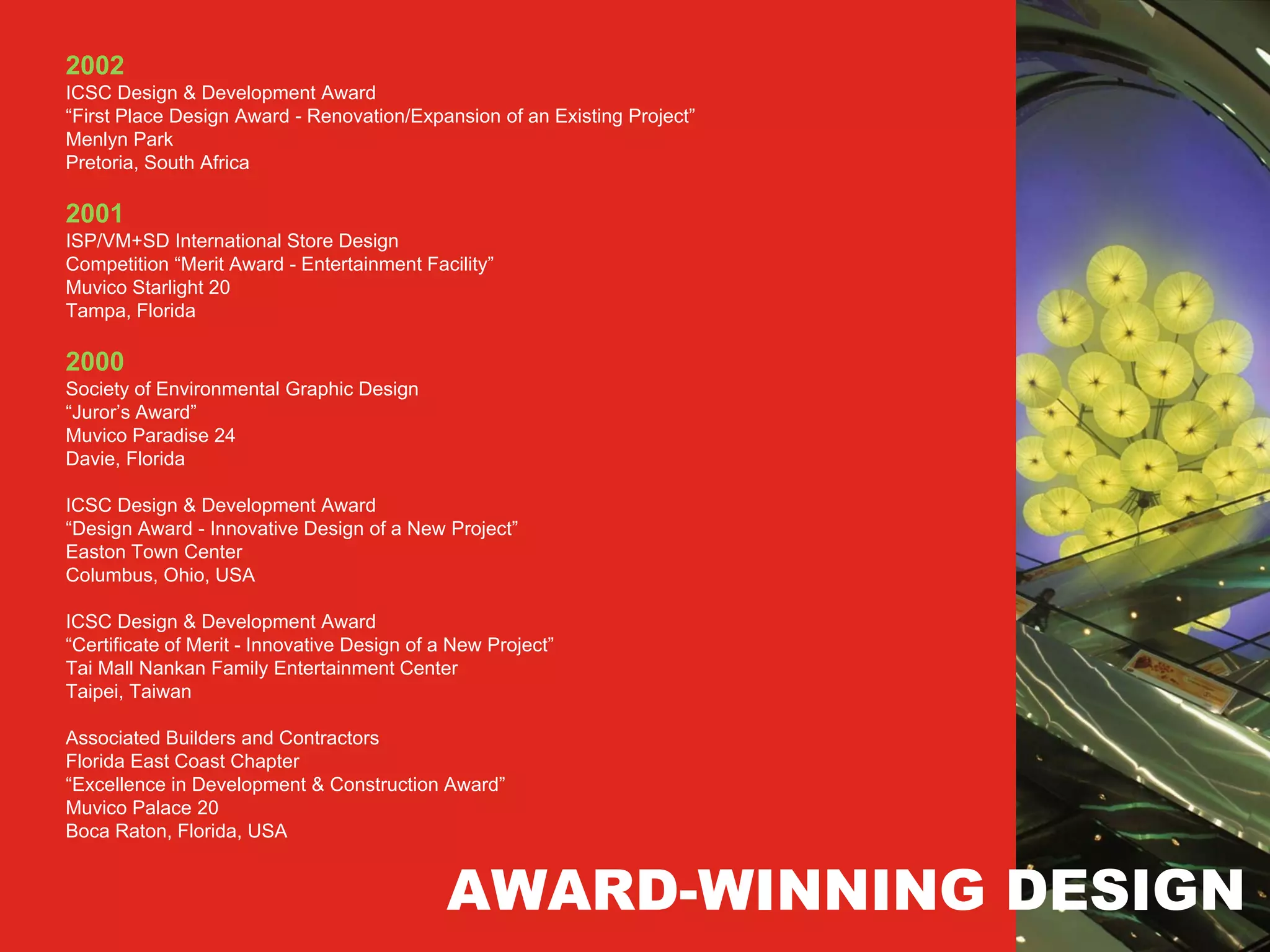 2002
ICSC Design & Development Award
“First Place Design Award - Renovation/Expansion of an Existing Project”
Menlyn Park
Pretoria, South Africa

2001
ISP/VM+SD International Store Design
Competition “Merit Award - Entertainment Facility”
Muvico Starlight 20
Tampa, Florida

2000
Society of Environmental Graphic Design
“Juror’s Award”
Muvico Paradise 24
Davie, Florida

ICSC Design & Development Award
“Design Award - Innovative Design of a New Project”
Easton Town Center
Columbus, Ohio, USA

ICSC Design & Development Award
“Certificate of Merit - Innovative Design of a New Project”
Tai Mall Nankan Family Entertainment Center
Taipei, Taiwan

Associated Builders and Contractors
Florida East Coast Chapter
“Excellence in Development & Construction Award”
Muvico Palace 20
Boca Raton, Florida, USA


                                              AWARD-WINNING DESIGN
 