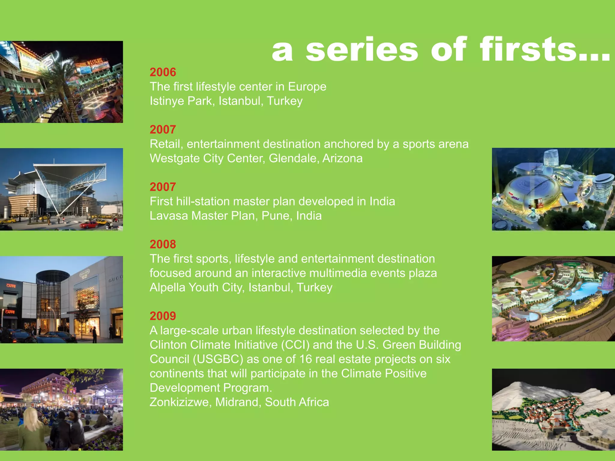 2006
                        a series of firsts…
The first lifestyle center in Europe
Istinye Park, Istanbul, Turkey

2007
Retail, entertainment destination anchored by a sports arena
Westgate City Center, Glendale, Arizona

2007
First hill-station master plan developed in India
Lavasa Master Plan, Pune, India

2008
The first sports, lifestyle and entertainment destination
focused around an interactive multimedia events plaza
Alpella Youth City, Istanbul, Turkey

2009
A large-scale urban lifestyle destination selected by the
Clinton Climate Initiative (CCI) and the U.S. Green Building
Council (USGBC) as one of 16 real estate projects on six
continents that will participate in the Climate Positive
Development Program.
Zonkizizwe, Midrand, South Africa
 