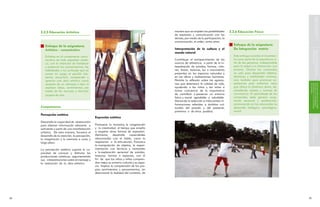 SOBRE COMPETENCIAS
                                                                                                                                                                                              FUNDAMENTACIÓN BÁSICA
     3.2.5 Educación Artística                                                              manera que se amplíen las posibilidades    3.2.6 Educación Física
                                                                                            de expresión y comunicación con los
                                                                                            demás, por medio de la participación, la
                                                                                            comunicación, el orden, entre otros.
        Enfoque de la asignatura:                                                                                                        Enfoque de la asignatura:
        Artístico – comunicativo                                                            Interpretación de la cultura y el            De Integración motriz




                                                                                                                                                                                      CURRICULARES
                                                                                                                                                                                      TENCIAS EN LOS COMPONENTES
                                                                                                                                                                                      CONCRECIÓN DE LAS COMPE-
                                                                                            mundo natural
        Enfatiza en el componente comu-                                                                                                  Este enfoque concibe el movimien-
        nicativo de toda expresión artísti-                                                 Contribuye al enriquecimiento de los         to como parte de la experiencia vi-
        ca, con la intención de fortalecer                                                  marcos de referencia a partir de la in-      tal de las personas, indispensable
        y potenciar los conocimientos, las                                                  terpretación de sonidos, formas, colo-       para la salud y la interacción con
        habilidades y las actitudes que se                                                  res, líneas, texturas, luz o movimiento      entorno. Orienta los contenidos
        ponen en juego al percibir (ob-                                                     presentes en los espacios naturales y        no sólo para desarrollar hábitos,
        servar, escuchar), comprender y                                                     en las obras y realizaciones humanas.        destrezas y habilidades motoras,
        apreciar una obra artística como                                                    Permite la reflexión sobre las agresio-      sino también para promover ex-
        receptor de un mensaje o bien al                                                    nes que deterioran la calidad de vida,       periencias para enfrentar retos




                                                                                                                                                                                en general
                                                                                                                                                                                educativa y a la sociedad
                                                                                                                                                                                tencias a la comunidad
                                                                                                                                                                                Divulgación de las compe-
        expresar ideas, sentimientos por                                                    ayudando a los niños y las niñas a           que ofrece la dinámica diaria, de-
        medio de los recursos y técnicas                                                    tomar conciencia de la importancia           sarrollando valores y normas de
        propias de arte.                                                                    de contribuir a preservar un entorno         convivencia. El aprendizaje de los
                                                                                            físico y social agradable y saludable.       contenidos debe generar acep-
                                                                                            Demanda la selección e intercambio in-       tación personal y satisfacción,
                                                                                            formaciones referidas a ámbitos cul-         promoviendo en los educandos su
     Competencias                                                                           turales del pasado y del presente,           desarrollo biológico, psicológico,
                                                                                            próximos o de otros pueblos.                 social.
     Percepción estética
                                                 Expresión estética




                                                                                                                                                                                      concretar competencias
                                                                                                                                                                                      curricular para
                                                                                                                                                                                      Niveles de decisión
     Desarrolla la capacidad de observación
     para obtener información relevante y        Promueve la iniciativa, la imaginación
     suficiente a partir de una manifestación    y la creatividad, al tiempo que enseña
     artística. De esta manera, favorece el      a respetar otras formas de expresión.
     desarrollo de la atención, la percepción,   Asimismo,      desarrolla  capacidades
     la imaginación y la memoria a corto y       relacionadas con el habla, como la
     largo plazo.                                respiración o la articulación. Favorece
                                                 la manipulación de objetos, la experi-
     La percepción estética supone la ca-        mentación con técnicas y materiales
     pacidad de conocer y disfrutar las          y la exploración sensorial de sonidos,
     producciones artísticas, argumentando       texturas, formas o espacios, con el
     sus interpretaciones sobre el mensaje y     fin de que los niños y niñas compren-
     la valoración de la obra artística.         dan mejor su entorno cultural y su espa-
                                                 cio. Implica la comprensión de los pro-
                                                 pios sentimientos y pensamientos; sin
                                                 desconocer la realidad del contexto, de




8                                                                                                                                                                             9
 