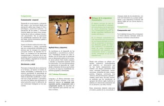 SOBRE COMPETENCIAS
                                                                                                                                                                                                     FUNDAMENTACIÓN BÁSICA
     Competencias                                                                                                                         intereses reales de los estudiantes, con
                                                                                                Enfoque de la asignatura:                 el fin de motivarlos en su propio apren-
     Comunicación corporal                                                                      Comunicativo                              dizaje y que adquieran el dominio del
                                                                                                                                          idioma inglés de una forma efectiva y
     Desarrolla el conocimiento y valoración                                                    El objetivo principal de este en-         duradera.
     del cuerpo y sus funciones desde una                                                       foque es desarrollar la competen-




                                                                                                                                                                                             CURRICULARES
                                                                                                                                                                                             TENCIAS EN LOS COMPONENTES
                                                                                                                                                                                             CONCRECIÓN DE LAS COMPE-
     percepción global que integra lo físico,                                                   cia comunicativa, por lo que toma         Competencias
     psicológico y social de la persona. La                                                     en cuenta dimensiones lingüísti-
     percepción de las partes y funciones                                                       cas y extralingüísticas (gestos, ac-      Comprensión oral
     motoras deben ser vistas como compo-                                                       titudes corporales, distancias cul-
     nentes de un todo en cualquier interven-                                                   turales) del idioma.                      Es la habilidad de escuchar e interpretar
     ción psicomotora. Así, se promueven                                                                                                  en forma efectiva mensajes orales en
     las posibilidades expresivas del cuerpo                                                    En el enfoque comunicativo lo             diversos contextos comunicativos.
     por medio de los movimientos, gestos y                                                     más importante para comunicarse
     otras posibilidades.                                                                       en una lengua extranjera es trans-
                                                                                                mitir o comprender el mensaje en




                                                                                                                                                                                       en general
                                                                                                                                                                                       educativa y a la sociedad
                                                                                                                                                                                       tencias a la comunidad
                                                                                                                                                                                       Divulgación de las compe-
     Supera la división tradicional entre men-                                                  sus diferentes grados de valora-
     te, sentimientos y cuerpo, asumiendo                                                       ción cualitativa. Y se desarrolla a
     que son componentes indivisibles de la       Aptitud física y deportiva                    través de cuatro competencias:
     persona que se conjugan en cualquier                                                       comprensión oral, expresión oral,
     actuación motora. Se abordan los va-         Se manifiesta en el desarrollo de las         comprensión lectora y expresión
     lores y su incidencia en las relaciones      propiedades y características anatómi-        escrita, priorizando el uso de la
     interpersonales y formación de la per-       cas y fisiológicas innatas en cada in-        expresión oral.
     sonalidad; hasta la práctica de éstos de     dividuo, de tal forma que se potencien
     forma dirigida y regulada en la vivencia     para su desempeño óptimo en el contex-
                                                  to socio-cultural. Esto implica respetar




                                                                                                                                                                                             concretar competencias
                                                                                                                                                                                             curricular para
                                                                                                                                                                                             Niveles de decisión
     de la actividad física.
                                                  y atender la diversidad existente entre    Desde este enfoque se utilizan ma-
                                                  los educandos. Con este planteamiento      teriales auténticos (entendiéndose
     Movimiento y salud
                                                  se promociona el desarrollo de habili-     por auténtico, un documento que
                                                  dades y destrezas técnicas que facilitan   no fue hecho expresamente para
     Promueve el desarrollo de la orientación                                                enseñar una lengua extranjera) tales
                                                  la práctica de algunas modalidades de-
     en el tiempo y el espacio al realizar di-                                               como: mensajes publicitarios, menús,
                                                  portivas grupales e individuales.
     versas actividades e interactuar en el                                                  canciones, emisiones de radio, mapas,
     entorno permitiendo el aprendizaje de                                                   poesías, imágenes, caricaturas, tiras
     otras habilidades más complejas. Se en-      3.2.7 Idioma Extranjero
                                                                                             cómicas, artículos de revista o periódico,
     fatiza el desarrollo equilibrado, la aten-                                              carteles, entre otros. De esta manera,
     ción de la base sensorial y perceptiva,      Lenguaje y el Idioma extranjero com-       se pretende que los estudiantes se
     así como los hábitos que promuevan la        parten el mismo enfoque y las com-         apropien del idioma inglés mediante su
     salud preventiva para la edificación de      petencias básicas de expresión oral,       práctica en situaciones propuestas por
     una motricidad inteligente en los edu-       expresión escrita, comprensión oral y      el y la docente o por ellos mismos.
     candos.                                      comprensión escrita. Se describen en
                                                  cada asignatura para precisar sus ma-      Estas situaciones deberán adecuarse
                                                  tices o énfasis.                           al máximo posible de las necesidades e




0                                                                                                                                                                                    
 