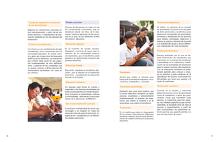 Cuadro de registro de evaluación             Diseño curricular                                                                      Evaluación diagnóstica
     de los aprendizajes
                                                  Proceso de decisiones, en cada uno de                                                  Se realiza al comienzo de un período
     Registra las valoraciones criteriales so-    los componentes curriculares, que se                                                   de aprendizaje. Consiste en la recogida
     bre cada educando, a partir de las dis-      establecen desde los fines de la edu-                                                  de datos personales y académicos para
     tintas técnicas e instrumentos de eva-       cación, hasta la ejecución de las accio-                                               determinar necesidades de aprendizaje,
     luación utilizados en los tres periodos de   nes en el aula, en los diferentes niveles                                              fortalezas y debilidades de los alumnos
     evaluación.                                  del sistema educativo.                                                                 para diseñar estrategias didácticas y
                                                                                                                                         realizar la práctica docente de acuerdo
     Criterios de evaluación                      Educación especial                                                                     a la realidad del grupo y de las diferen-
                                                                                                                                         cias individuales de cada estudiante.
     Un criterio es una manifestación de algo     Es el conjunto de ayudas psicope-
     considerado como importante para la          dagógicas y servicios de apoyo para la                                                 Evaluación formativa
     comunidad educativa. El criterio orien-      atención de las necesidades educati-
     ta y guía, por lo que sirve de base para     vas especiales, que el estudiante puede                                                Proceso evaluador por el cual se ob-
     emitir un juicio valorativo. La evaluación   presentar en determinado momento del                                                   tiene información de estudiantes que
     por criterios debe partir de dos aspec-      proceso educativo.                                                                     intervienen en el proceso de enseñanza
     tos fundamentales: a) una definición                                                                                                y aprendizaje, es la valoración y modifi-
     clara y explicita de los contenidos que      Educación formal                                                                       cación de las actividades de enseñanza
     se quieren evaluar; y, b) la selección de                                                                                           para la mejora continua del estudiante.
     instrumentos apropiados con base en          Educación regulada en el sistema edu-                                                  Con la evaluación formativa el profe-
     los criterios.                               cativo que se efectúa en la institución     Enseñanza                                  sorado aprende para conocer y mejo-
                                                  educativa, complementa la educación                                                    rar su práctica, y para colaborar en el
                                                  iniciada en la familia.                     Acción que realiza el docente para         aprendizaje del alumno conociendo las
                                                                                              lograr que el estudiante adquiera cono-    dificultades que tiene que superar y el
                                                  Educación inclusiva                         cimientos, habilidades y actitudes.        modo de resolverlos.

                                                  Un proceso para tomar en cuenta y           Enseñanza-aprendizaje                      Evaluación sumativa
                                                  responder a las diversas necesidades de
                                                                                              Expresión que sirve para explicar que      Consiste en la revisión y valoración
                                                  todos los estudiantes por medio de prác-
                                                                                              la acción educativa comporta un doble      global del proceso, tanto de aprendizaje
                                                  ticas inclusivas en aprendizaje, culturas
                                                                                              proceso, simultáneo y estrechamente        como de enseñanza, a partir del cono-
                                                  y comunidades, reduciendo la exclusión
                                                                                              interrelacionado: el proceso de ense-      cimiento inicial que manifiesta cada
                                                  dentro de la educación. (UNESCO.)
                                                                                              ñanza que realiza el docente y el de       alumno; la trayectoria que han segui-
                                                                                              aprendizaje que realiza el estudiante.     do, las medidas específicos que se han
                                                  Ejes transversales del currículo                                                       aprendido, el resultado final de todo el
                                                                                              Evaluación                                 proceso y, especialmente, a partir de
                                                  Constituyen multiplicidad de temas que
                                                                                                                                         este conocimiento, las previsiones so-
                                                  convergen y se integran en todas las
                                                                                              Es un medio que valora el desempeño        bre lo que hay que seguir haciendo o lo
                                                  áreas del currículo para la formación in-
                                                                                              de los actores educativos en diferentes    que hay que hacer de nuevo.
                                                  tegral de los estudiantes en los diferen-   periodos y etapas, para la toma de deci-
                                                  tes niveles educativos.                     siones de mejora continua en el proceso
                                                                                              educativo.




0                                                                                                                                                                                   
 