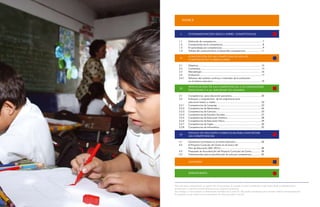 INDICE



                  Fundamentación básica sobre competencias


        .       Definición de competencia...................................................................... 7
        .       Componentes de la competencia............................................................ 8
        .       El aprendizaje por competencias.............................................................. 9
        .       Validez del constructivismo al desarrollar competencias........................ 

                  Concreción de las competencias en los
                  componentes curriculares

        .       Objetivos................................................................................................ 
        .       Contenidos............................................................................................. 
        .       Metodología........................................................................................... 6
        .       Evaluación.............................................................................................. 7
        ..     Refuerzo del carácter continuo y motivador de la evaluación
                  en el sistema educativo.......................................................................... 9

                  Divulgación de las competencias a la comunidad
                  educativa y a la sociedad en general

        .       Competencias para educación parvularia............................................. 0
        .       Enfoques y competencias de las asignaturas para
                  educación básica y media...................................................................... 
        ..     Competencias de Lenguaje.................................................................... 
        ..     Competencias de Matemática............................................................... 
        ..     Competencias de Ciencias..................................................................... 
        ..     Competencias de Estudios Sociales....................................................... 7
        ..     Competencias de Educación Artística.................................................... 8
        ..6     Competencias de Educación Física........................................................ 9
        ..7     Competencias de Inglés......................................................................... 0
        ..8     Competencias de Informática................................................................ 

                  Niveles de decisión curricular para concretar
                  las competencias

        .       Decisiones curriculares en el centro educativo....................................... 6
        .       El Proyecto Curricular de Centro en el marco del
                  Plan de Educación 0 (PCC).............................................................. 8
        .       Propuesta de Actualización del Proyecto Curricular de Centro.............. 8
        .       Orientaciontes para la planificación de aula por competencia.............. 


                  Glosario



                  Bibliografía




    Para una mejor comprensión, se sugiere leer el documento de acuerdo al orden establecido ya que inicia desde un planteamiento
    general que se concreta secuencialmente en los siguientes apartados.
    Sin embargo, si tiene interés en información específica de la parte II y III, puede consultarlas antes de haber leído la Fundamentación.
    El propósito es que cuente con un documento de referencia que le sea útil.
                                                                                                                                              
 