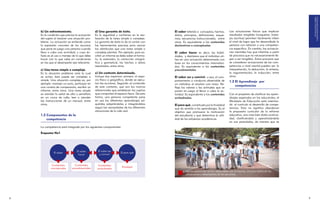 SOBRE COMPETENCIAS
                                                                                                                                                                                                       FUNDAMENTACIÓN BÁSICA
    b) Un enfrentamiento.                       d) Una garantía de éxito.                   El saber referido a conceptos, hechos,      Las actuaciones físicas que implican
    Es la condición que precisa la actuación    Es la seguridad y confianza en la rea-      datos, principios, definiciones, esque-     resultados tangibles (maquetas, traba-
    del sujeto al resolver una situación pro-   lización de la tarea simple o compleja.     mas, secuencias instruccionales, entre      jos escritos) permiten fácilmente inferir
    blema. La actuación se entiende como        La garantía de éxito la da el contar con    otros. Es equivalente a los contenidos      el nivel de logro que ha desarrollado la
    la expresión concreta de los recursos       las herramientas precisas para vencer       declarativos o conceptuales.                persona con relación a una competen-
    que pone en juego una persona cuando        los obstáculos que una tarea simple o                                                   cia específica. En cambio, las actuacio-




                                                                                                                                                                                               CURRICULARES
                                                                                                                                                                                               TENCIAS EN LOS COMPONENTES
                                                                                                                                                                                               CONCRECIÓN DE LAS COMPE-
    lleva a cabo una actividad, y cuyo én-      compleja plantea. Por ejemplo, para es-     El saber hacer es decir, las habili-        nes mentales hay que inferirlas a partir
    fasis es el uso o manejo de lo que debe     cribir un informe se debe saber el forma-   dades, y destrezas que el individuo uti-    de procesos que no necesariamente lle-
    hacer con lo que sabe en condiciones        to, la extensión, la corrección ortográ-    liza en una actuación determinada con       gan a ser tangibles. Estos procesos que
    en las que el desempeño sea relevante.      fica y gramatical, los hechos o datos       base en los conocimientos internaliza-      se consideran actuaciones de las com-
                                                reportados, entre otros.                    dos. Es equivalente a los contenidos        petencias a nivel mental pueden ser: la
    c) Una tarea simple o compleja.                                                         procedimentales.                            interpretación, la deducción, la síntesis,
    Es la situación problema ante la cual       e) Un contexto determinado.                                                             la argumentación, la inducción, entre
    se actúa; ésta puede ser compleja o         Incluye dos aspectos: primero: el espa-     El saber ser y convivir o sea, el com-      otros.
    simple. Una situación compleja es, por      cio físico o geográfico, donde se ejecu-    portamiento o conducta observable de
                                                tan las acciones. Segundo: el contenido
                                                                                                                                        1.3 El Aprendizaje por
    ejemplo: manejar un auto, participar en                                                 un individuo al resolver una tarea. Re-




                                                                                                                                                                                         en general
                                                                                                                                                                                         educativa y a la sociedad
                                                                                                                                                                                         tencias a la comunidad
                                                                                                                                                                                         Divulgación de las compe-
    una carrera de campeonato, escribir un      de este contexto, que son los marcos                                                        competencias
                                                                                            fleja los valores y las actitudes que se
    informe, entre otros. Una tarea simple      referenciales que establecen los sujetos    ponen en juego al llevar a cabo la ac-
    es atender la señal de alto o semáforo      que comparten el espacio físico. De esta    tividad. Es equivalente a los contenidos    Con el propósito de clarificar los apren-
    en un cruce de calle, leer o atender        forma, una persona competente pone          actitudinales.                              dizajes esperados en los educandos, el
    las instrucciones de un manual, entre       en uso los diferentes aprendizajes ad-                                                  Ministerio de Educación está orientan-
    otros.                                      quiridos adaptándolos e integrándolos       El para qué, constituido por la finalidad   do el currículo al desarrollo de compe-
                                                según las necesidades de las diferentes     que da sentido a los aprendizajes. Es el    tencias. Esto no significa abandonar
                                                situaciones de la vida real.                objetivo que promueve la motivación         la propuesta curricular de la reforma
    1.2 Componentes de la                                                                   del estudiante y que determina la utili-    educativa, sino más bien darle continui-




                                                                                                                                                                                               concretar competencias
                                                                                                                                                                                               curricular para
                                                                                                                                                                                               Niveles de decisión
        competencia                                                                         dad de los esfuerzos académicos.            dad, clarificándola y operativizándola
                                                                                                                                        en sus postulados, de manera que se
    La competencia está integrada por los siguientes componentes:

    Esquema No1




                                                                                                    Las competencias no son observables por sí mismas, sino por medio de las
                                                                                                    actuaciones o desempeños de las personas.




8                                                                                                                                                                                    9
 