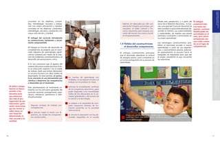 SOBRE COMPETENCIAS
                                                                                                                                                                                                                                     FUNDAMENTACIÓN BÁSICA
                         concreten en los objetivos, conteni-                                                                                             Desde esta perspectiva, y a partir del El enfoque
                         dos, metodología, recursos y evalua-                                                  laboral, sin descuidar por ello una        inicio de la Reforma Educativa, la fun-constructivista,
                         ción con mayor articulación y claridad.                                               educación integral, que incluye, por       ción principal del Currículo Nacional ha
                                                                                                                                                                                                 con todos sus
                         concreten en los objetivos, contenidos,                                               supuesto, el saber cultural y hu-          sido contribuir a que el estudiantado de-
                                                                                                                                                                                                 aportes, continúa
                         metodología, recursos y evaluación con                                                mano necesarios para forjarse una          sarrolle al máximo sus potencialidades beneficiando las
                         mayor articulación y claridad.                                                        visión del mundo con miras a incidir       y capacidades, de manera que pueda     actividades en el




                                                                                                                                                                                                                             CURRICULARES
                                                                                                                                                                                                                             TENCIAS EN LOS COMPONENTES
                                                                                                                                                                                                                             CONCRECIÓN DE LAS COMPE-
                                                                                                               en él positivamente.                       participar consciente y activamente en aula, pero ahora
                         El enfoque del currículo salvadoreño                                                                                             su propio aprendizaje.                 enriquecida con
                         es constructivista, humanista y social-
                                                                                                                                                                                                 una visión centra-
                         mente comprometido.                                                                                                              Las estrategias constructivistas posi-
                                                                                                             1.4 Validez del constructivismo                                                     da en el logro de
                                                                                                                                                          bilitan al alumnado acceder a nuevos
                                                                                                                 al desarrollar competencias                                                     competencias.
                         Al trabajar en función del desarrollo de                                                                                         aprendizajes a partir de sus experien-
                         competencias se propicia que el alum-                                                                                            cias y conocimientos previos, enfocan-
                         nado adquiera los aprendizajes signifi-                                             El enfoque constructivista promueve          do gradualmente el proceso hacia la
                         cativos (saberes) por medio de la solu-                                             que el alumnado abandone su actitud          búsqueda de respuestas para que sea
                         ción de problemas contextualizados y el                                             de receptor pasivo, para convertirse en      el propio estudiante el que encuentre




                                                                                                                                                                                                                       en general
                                                                                                                                                                                                                       educativa y a la sociedad
                                                                                                                                                                                                                       tencias a la comunidad
                                                                                                                                                                                                                       Divulgación de las compe-
                         desarrollo del pensamiento crítico.                                                 un activo protagonista de su proceso de      las soluciones.
                                                                                                             aprendizaje.
                         A la vez, promueve que al egresar del
                         sistema educativo pueda alcanzar el éxi-
                         to en educación superior o en el medio
                         de trabajo, dado que ambos demandan
                         un recurso humano con altos niveles de
                         desempeño. En este sentido, el currícu-
                         lo se convierte en una herramienta que      las fuentes de aprendizaje son
                         clarifica y determina las competencias      múltiples, no se reducen al aula y al




                                                                                                                                                                                                                             concretar competencias
                                                                                                                                                                                                                             curricular para
                                                                                                                                                                                                                             Niveles de decisión
                         a desarrollar por el alumnado.              trabajo con el profesor en clase;

     Al definir compe-                                               estimula la actualización continua
                         Este planteamiento es totalmente co-
     tencias se busca    herente con los principios generales del    de los programas educativos, para
     orientar a los      currículo nacional: protagonismo, expe-     poder responder a las necesidades
     docentes para       riencia, relevancia, pertinencia e inter-   reales de los educandos en la so-
     que potencien       disciplinariedad.                           ciedad globalizada y del avance de
     aún más el pro-                                                 la ciencia y la tecnología;
     tagonismo de sus
     educandos, gene-                                                se adapta a la necesidad de com-
     rando situaciones      Algunas ventajas de trabajar por         partir esquemas diversos de for-
     que les inviten a      competencias:                            mación presentes en la sociedad
     saber hacer en                                                  internacional;
                            se articula mejor la teoría con la
     una situación
                            práctica, sin olvidar los componen-      se vincula la educación con las de-           Desde esta perspectiva no es suficiente que un estudiante mencione los puntos
     determinada, lo
                            tes conductuales;                        mandas requeridas en el mundo                 cardinales: Norte, Sur, Este y Oeste…Lo importante es que se ubique en una di-
     más cercana a la                                                                                              rección determinada.
     realidad.




0                                                                                                                                                                                                                    
 