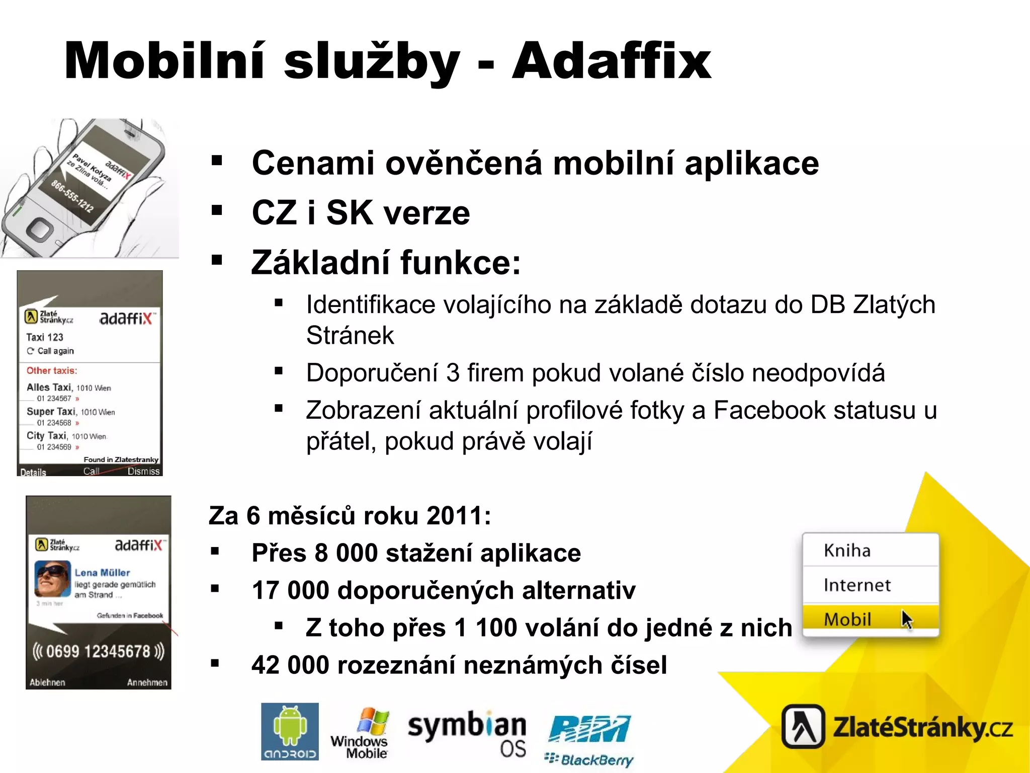 Cenami ověnčená mobilní aplikace CZ i SK verze Základní funkce: Identifikace volajícího na základě dotazu do DB Zlatých Stránek Doporučení 3 firem pokud volané číslo neodpovídá Zobrazení aktuální profilové fotky a Facebook statusu u přátel, pokud právě volají Za 6 měsíců roku 2011: Přes 8 000 stažení aplikace 17 000 doporučených alternativ Z toho přes 1 100 volání do jedné z nich 42 000 rozeznání neznámých čísel Mobilní služby - Adaffix 