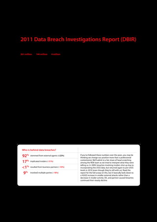 2011 Data Breach Investigations Report (DBIR)
Executive Summary
361 million >> 144 million >> 4 million. Thus goes the tally of total records compromised across the combined caseload
of Verizon and the United States Secret Service (USSS) over the last three years. After four years of increasing losses culminating
in 2008’s record-setting 361 million, we speculated whether 2009’s drop to 144 million was a fluke or a sign of things to come.
2010’s total of less than four million compromised records seems to suggest it was a sign. But of what? And is it a permanent
change in direction or a temporary detour?

To help us answer that, we are very glad to have the United States Secret Service (USSS) back with us for the 2011 DBIR.
Additionally, we have the pleasure of welcoming the Dutch National High Tech Crime Unit (NHTCU) to the team. Through this
cooperative effort, we had the privilege—and challenge—of examining about 800 new data compromise incidents since
our last report (with 761 of those for 2010). To put that in perspective, the entire Verizon-USSS dataset from 2004 to 2009
numbered just over 900 breaches. We very nearly doubled the size of our dataset in 2010 alone!

It is fascinating from a research standpoint that the all-time lowest amount of data loss occurred in the same year as the all-
time highest amount of incidents investigated. In addition to being the largest caseload ever, it was also extremely diverse in
the threat agents, threat actions, affected assets, and security attributes involved. We witnessed highly automated and prolific
external attacks, low and slow attacks, intricate internal fraud rings, country-wide device tampering schemes, cunning social
engineering plots, and much more. Some of the raw statistics may seem to contradict this claim of diversity (e.g., the percent
of breaches attributed to external agents is more lopsided than ever), but one must consider the change in scale. Whereas
“10%” used to mean approximately 10-15 breaches across an annual caseload averaging 100-150, it now means 75 breaches
in the context of the 2010 caseload. Consider that fact as you digest and ponder results from this year’s report.

With the addition of Verizon’s 2010 caseload and data contributed from the USSS and NHTCU, the DBIR series now spans
7 years, 1700+ breaches, and over 900 million compromised records. We continue to learn a great deal from this ongoing
study and we’re glad to have the opportunity once again to share these findings with you. As always, our goal is that the data
and analysis presented in this report prove helpful to the planning and security efforts of our readers. As usual, we begin with
a few highlights below.



 Who is behind data breaches?

 92% stemmed from external agents (+22%)                            If you’ve followed these numbers over the years, you may be
                                                                    thinking we change our position more than a professional

 17% implicated insiders (-31%)                                     contortionist . We’ll admit to a fair share of head scratching
                                                                    among the RISK team as we tried to interpret what they were
                                                                    telling us . In 2009, breaches involving insiders shot up due to
 <1% resulted from business partners (-10%)                         incorporating the USSS data, but returned again to pre-USSS
                                                                    levels in 2010 (even though they’re still with us) . Read the
  9% involved multiple parties (-18%)                               report for the full scoop on this, but it basically boils down to
                                                                    a HUGE increase in smaller external attacks rather than a
                                                                    decrease in insider activity . Oh, and partner-caused breaches
                                                                    continued their steady decline .




                                                                2
 