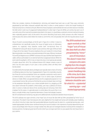 Other, less complex, instances of embezzlement, skimming, and related fraud were seen as well. These were commonly
perpetrated by bank tellers, restaurant waitstaff, retail clerks, or others in similar positions in which the “simple” handling of
financial transactions is inherent to the job. Oftentimes these employees used handheld skimmers and other devices to facilitate
the theft, which is why “use of unapproved hardware/devices” is rather high in Figure 26. While such activity may seem out of
sorts with some of the more technical attacks described in this report, it is nevertheless a real (and common) method of stealing
data—especially payment cards. As discussed in the section describing Social tactics, these scenarios very often involve an
external party that solicits and/or bribes the insider to commit the crime and provides them with the requisite devices to pull
it off.
                                                                                                   The 2010 caseload once
Abuse of system access/privileges, at the #2 spot in Figure 26, is similar in nature to
embezzlement, but specifically involves the misuse of logical access to information                  again reminds us that
systems. As suspected, many breaches involve both non-technical forms of                             “major” acts of misuse
embezzlement along with abuse of system access (and any other type of Misuse listed
                                                                                                   like data theft are often
in Figure 26, for that matter). The actions leading to the court martial of U.S. Army Private
Manning provide a now infamous real-world example of this type of Misuse. He abused                precipitated by “minor”
his (overly) privileged access to SIPRNET to browse and copy classified State Department                 acts of misconduct.
cables without authorization to an external hard-drive (unapproved device). While this
event stole the spotlight in 2010, it is by no means the only or most spectacular example
                                                                                                    This doesn’t mean that
of system abuse from 2010. The combined Verizon-USSS dataset contains scores of                         everyone who veers
them, but the worst aspect of such cases is that countless others will likely never              slightly from the straight
be discovered.
                                                                                                and narrow will inevitably
As evidenced by the examples above, privileged users typically need a means of moving
or exfiltrating data once they have misappropriated it. Figure 26 is essentially a laundry             careen headlong into
list of how this can be accomplished. Some use corporate or personal e-mail to send it               a life crime, but it does
to external parties or accounts. Some smuggle it out on various types of personal
                                                                                                  mean that questionable
devices or media. Others use approved devices, but for unapproved purposes or in an
unsanctioned manner. We continue to find that the success of a breach does not hinge              behavior should be seen
on the perpetrator being able to use a certain portable device (i.e., plugging up USB           for what it is—a potential
slots doesn’t eliminate the problem). Unfortunately, users have a plethora of choices
                                                                                                        warning sign—and
when it comes to media and devices fit for secreting data and removing it from their
employer. For this reason, it is generally easier to control data at the source than it is to         treated appropriately.
block a virtually limitless array of potential destinations. Certain technologies, however,
like DLP and behavioral monitoring may add some additional levels of protection between those end points.

The 2010 caseload once again reminds us that “major” acts of misuse like data theft are often precipitated by “minor” acts of
misconduct. This doesn’t mean that everyone who veers slightly from the straight and narrow will inevitably careen headlong
into a life of crime, but it does mean that questionable behavior should be seen for what it is—a potential warning sign—and
treated appropriately. Another lesson reinforced during this round of analysis is the importance of quickly deprovisioning user
access and privileges when they are no longer needed. Year after year we investigate breaches involving former employees or
business partners. A simple yet good rule of thumb is that if you no longer want them on your payroll, then don’t leave them in
your systems.




                                                                  39
 