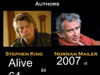 Norman Mailer 2007 -  at  84   Stephen King Alive 64  Authors 