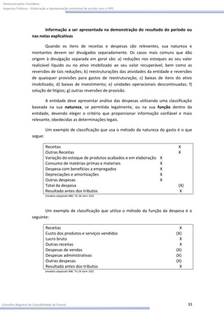 Demonstrações Contábeis:
Aspectos Práticos – Elaboração e Apresentação conceitual de acordo com o IFRS




                           Informação a ser apresentada na demonstração do resultado do período ou
                    nas notas explicativas

                            Quando os itens de receitas e despesas são relevantes, sua natureza e
                    montantes devem ser divulgados separadamente. Os casos mais comuns que dão
                    origem à divulgação separada em geral são: a) reduções nos estoques ao seu valor
                    realizável líquido ou no ativo imobilizado ao seu valor recuperável, bem como as
                    reversões de tais reduções; b) reestruturações das atividades da entidade e reversões
                    de quaisquer provisões para gastos de reestruturação; c) baixas de itens do ativo
                    imobilizado; d) baixas de investimento; e) unidades operacionais descontinuadas; f)
                    solução de litígios; g) outras reversões de provisão.

                           A entidade deve apresentar análise das despesas utilizando uma classificação
                    baseada na sua natureza, se permitida legalmente, ou na sua função dentro da
                    entidade, devendo eleger o critério que proporcionar informação confiável e mais
                    relevante, obedecidas as determinações legais.

                             Um exemplo de classificação que usa o método da natureza do gasto é o que
                    segue:

                             Receitas                                                            X
                             Outras Receitas                                                     X
                             Variação do estoque de produtos acabados e em elaboração   X
                             Consumo de matérias-primas e materiais                     X
                             Despesa com benefícios a empregados                        X
                             Depreciações e amortizações                                X
                             Outras despesas                                            X
                             Total da despesa                                                    (X)
                             Resultado antes dos tributos                                         X
                             (modelo adaptado NBC TG 26 item 102)




                           Um exemplo de classificação que utiliza o método da função da despesa é o
                    seguinte:

                             Receitas                                                             X
                             Custo dos produtos e serviços vendidos                             (X)
                             Lucro bruto                                                          X
                             Outras receitas                                                      X
                             Despesas de vendas                                                 (X)
                             Despesas administrativas                                           (X)
                             Outras despesas                                                    (X)
                             Resultado antes dos tributos                                         X
                             (modelo adaptado NBC TG 26 item 102)




Conselho Regional de Contabilidade do Paraná                                                           33
 