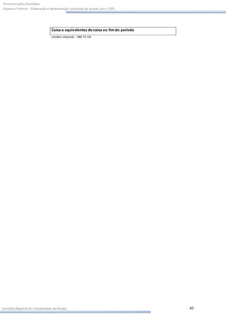 Demonstrações Contábeis:
Aspectos Práticos – Elaboração e Apresentação conceitual de acordo com o IFRS




                                 Caixa e equivalentes de caixa no fim do período
                                 (modelo adaptado – NBC TG 03)




Conselho Regional de Contabilidade do Paraná                                       45
 