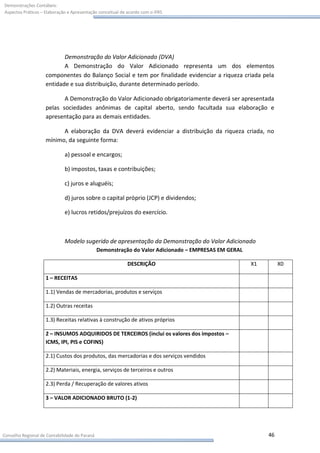 Demonstrações Contábeis:
Aspectos Práticos – Elaboração e Apresentação conceitual de acordo com o IFRS




                           Demonstração do Valor Adicionado (DVA)
                           A Demonstração do Valor Adicionado representa um dos elementos
                    componentes do Balanço Social e tem por finalidade evidenciar a riqueza criada pela
                    entidade e sua distribuição, durante determinado período.

                           A Demonstração do Valor Adicionado obrigatoriamente deverá ser apresentada
                    pelas sociedades anônimas de capital aberto, sendo facultada sua elaboração e
                    apresentação para as demais entidades.

                          A elaboração da DVA deverá evidenciar a distribuição da riqueza criada, no
                    mínimo, da seguinte forma:

                             a) pessoal e encargos;

                             b) impostos, taxas e contribuições;

                             c) juros e aluguéis;

                             d) juros sobre o capital próprio (JCP) e dividendos;

                             e) lucros retidos/prejuízos do exercício.



                             Modelo sugerido de apresentação da Demonstração do Valor Adicionado
                                               Demonstração do Valor Adicionado – EMPRESAS EM GERAL

                                                            DESCRIÇÃO                                 X1        X0

                    1 – RECEITAS

                    1.1) Vendas de mercadorias, produtos e serviços

                    1.2) Outras receitas

                    1.3) Receitas relativas à construção de ativos próprios

                    2 – INSUMOS ADQUIRIDOS DE TERCEIROS (inclui os valores dos impostos –
                    ICMS, IPI, PIS e COFINS)

                    2.1) Custos dos produtos, das mercadorias e dos serviços vendidos

                    2.2) Materiais, energia, serviços de terceiros e outros

                    2.3) Perda / Recuperação de valores ativos

                    3 – VALOR ADICIONADO BRUTO (1-2)




Conselho Regional de Contabilidade do Paraná                                                               46
 