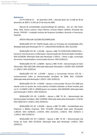 Demonstrações Contábeis:
Aspectos Práticos – Elaboração e Apresentação conceitual de acordo com o IFRS




                    Referências
                          LEI nº 6.404 de 15  de dezembro 1976 – alterada pelas leis 11.638 de 28 de
                    dezembro de 2007 e 11.941 de 27 de maio de 2009.

                            Manual de contabilidade societária/Sérgio de Iudícibus... (ed. al.). São Paulo:
                    Atlas, 2010. Outros autores: Eliseu Martins, Ernesto Rubens Gelbcke, Ariovaldo dos
                    Santos. FIPECAFI – Fundação Instituto de Pesquisas Contábeis, Atuariais e Financeiras,
                    FEA/USP.

                             OFÍCIO CIRCULAR 116/2007/SCS/DNRC/GAB.

                          RESOLUÇÃO CFC N.º 750/93 Dispõe sobre os Princípios de Contabilidade (PC).
                    (Redação dada pela Resolução CFC nº. 1.282/10 DOU 02/06/10). DOU 31/12/93.

                           RESOLUÇÃO CFC Nº. 1.121/08 – Aprova a NBC TG ESTRUTURA CONCEITUAL –
                    Estrutura Conceitual para a Elaboração e Apresentação das Demonstrações Contábeis.
                    DOU 01/04/08. (Alteração dada pela Resolução 1.329/11 – Altera a sigla, numeração
                    de normas, interpretações e comunicados técnicos. DOU 22/03/11).

                           RESOLUÇÃO CFC Nº. 1.138/08 – Aprova a NBC TG 09 – Demonstração do Valor
                    Adicionado. DOU 28/11/08. (Alteração dada pelas Resoluções 1.162/09. DOU 31/03/09
                    e 1.329/11. DOU 22/03/11).

                           RESOLUÇÃO CFC Nº. 1.157/09 – Aprova o Comunicado Técnico CTG 02 –
                    Esclarecimentos sobre as Demonstrações Contábeis de 2008. DOU 17/02/09.
                    (Alteração dada pela Resolução 1.329/11. DOU 22/03/11).

                            RESOLUÇÃO CFC Nº. 1.159/09 – Aprova o Comunicado Técnico CTG 2000 que
                    aborda como os ajustes das novas práticas contábeis adotadas no Brasil trazidas pela
                    Lei nº. 11.638/07 e MP nº. 449/08 devem ser tratados. DOU 04/03/09. (Alteração dada
                    pela Resolução 1.329/11. DOU 22/03/11).

                          RESOLUÇÃO CFC Nº. 1.185/09 – Aprova a NBC TG 26 – Apresentação das
                    Demonstrações Contábeis. DOU 15/09/09. (Alteração dada pelas Resoluções 1.273/10.
                    DOU 28/01/10 e 1.329/11. DOU 22/03/11).

                           RESOLUÇÃO CFC Nº. 1.255/09 – Aprova a NBC TG 1000 – Contabilidade para
                    Pequenas e Médias Empresas. DOU 17/12/09. (Alteração dada pelas Resoluções
                    1.285/10. DOU 22/06/10, 1.319/10. DOU 21/12/10, 1.324/11. DOU 22/02/11 e
                    1.329/11. DOU 22/03/11).

                           RESOLUÇÃO CFC N.º 1.296/10 – Aprova a NBC TG 03 – Demonstração dos
                    Fluxos de Caixa. DOU 07/10/10. (Alteração dada pela Resolução 1.329/11. DOU
                    22/03/11).



Conselho Regional de Contabilidade do Paraná                                                            63
 