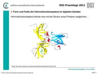 DGI-Praxistage 2011

                5. Form und Farbe der Informationskompetenz im digitalen Zeitalter

                Informationskompetenz könnte man mit der Strukur eines Proteins vergleichen…




                 Quelle: http://www.imperial.ac.uk/research/animallectins/ctld/classes/P-type1.html

                                                                                                            Informationskompetenz, wo es zählt!

© 2011 Online Consultants International GmbH, Karlsruhe                                                                                    Seite 17
 